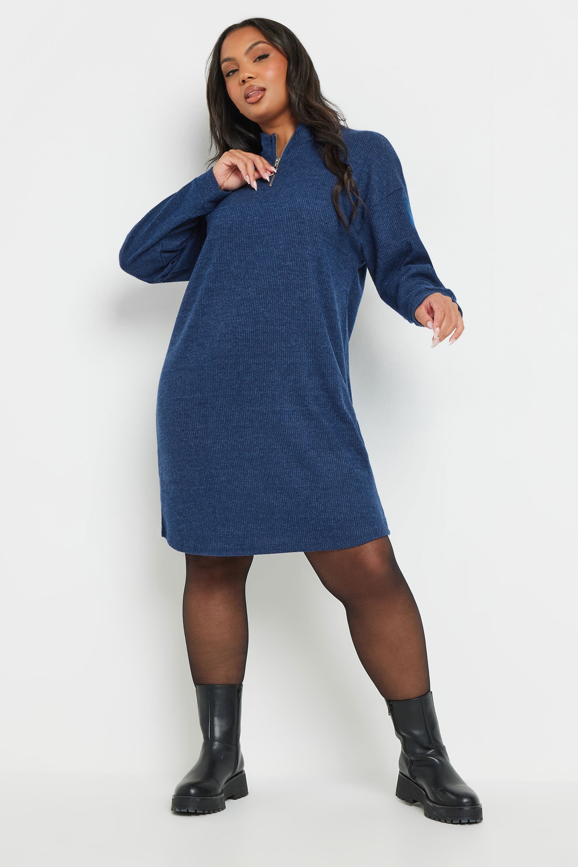 YOURS Plus Size Blue Zip Neck Ribbed Jumper Dress | Yours Clothing 1