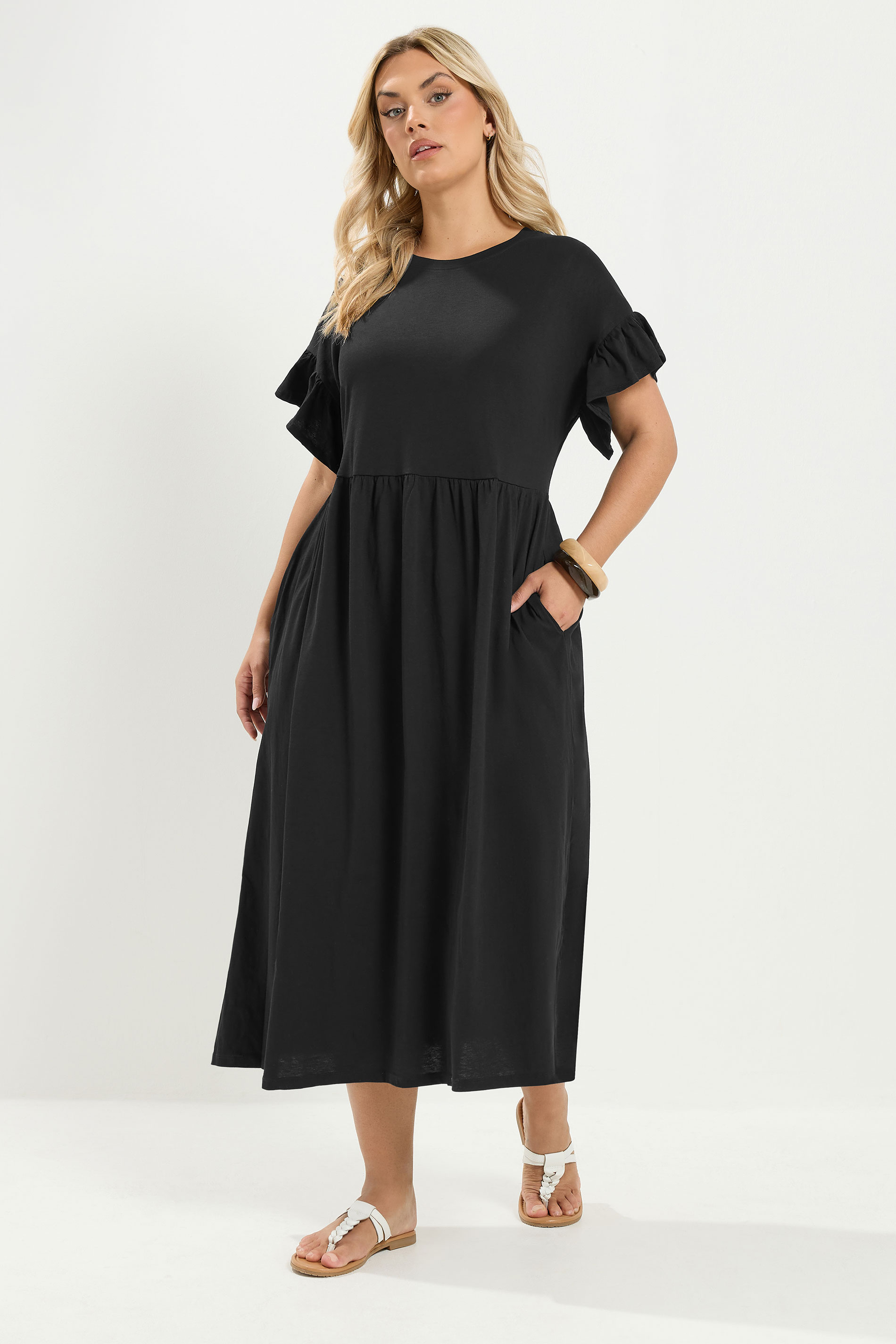 YOURS Plus Size Black Cotton Frill Sleeve Maxi Dress | Yours Clothing 1