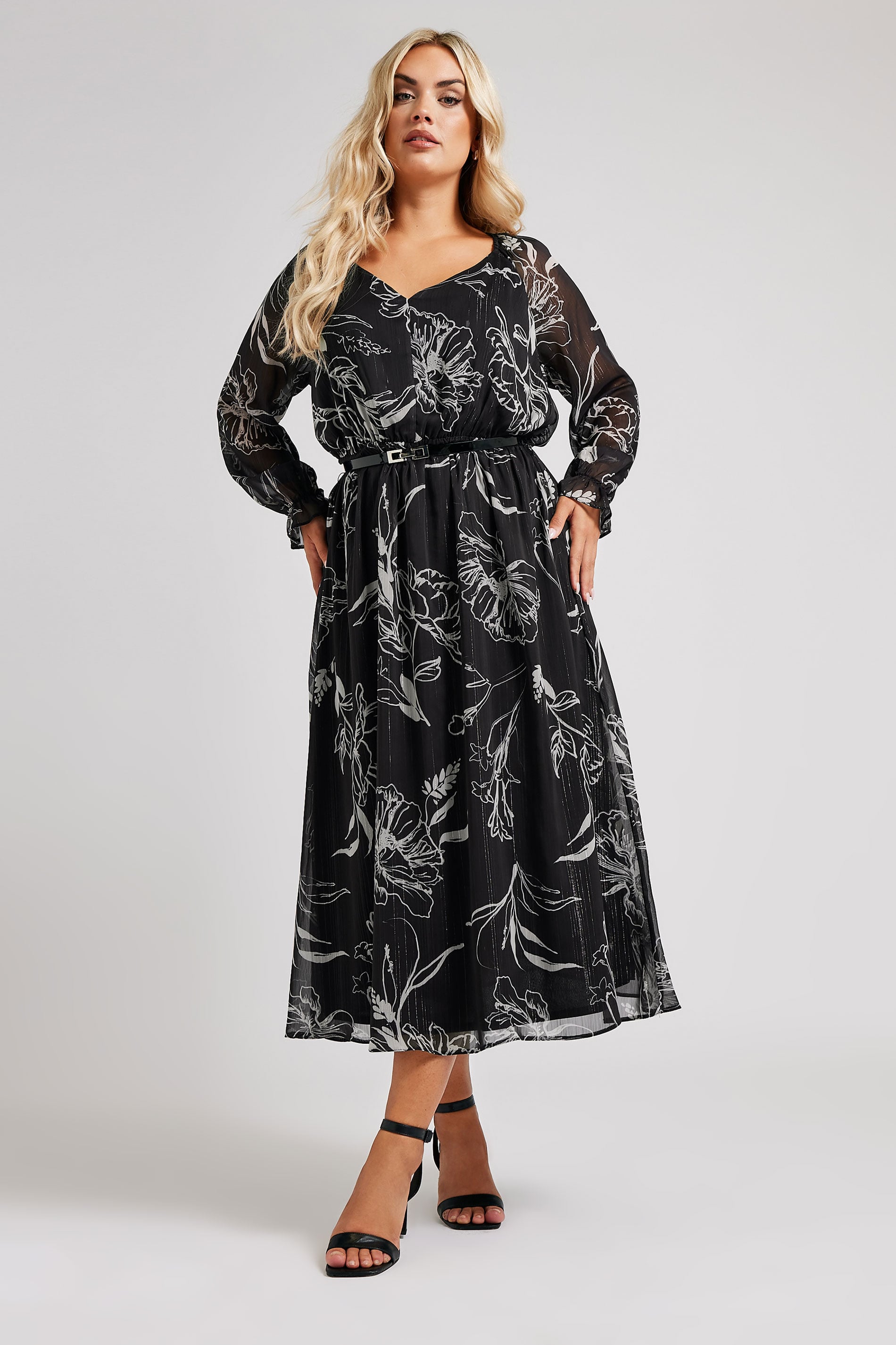YOURS LONDON Plus Size Black & White Floral Print Metallic Maxi Dress | Yours Clothing 2