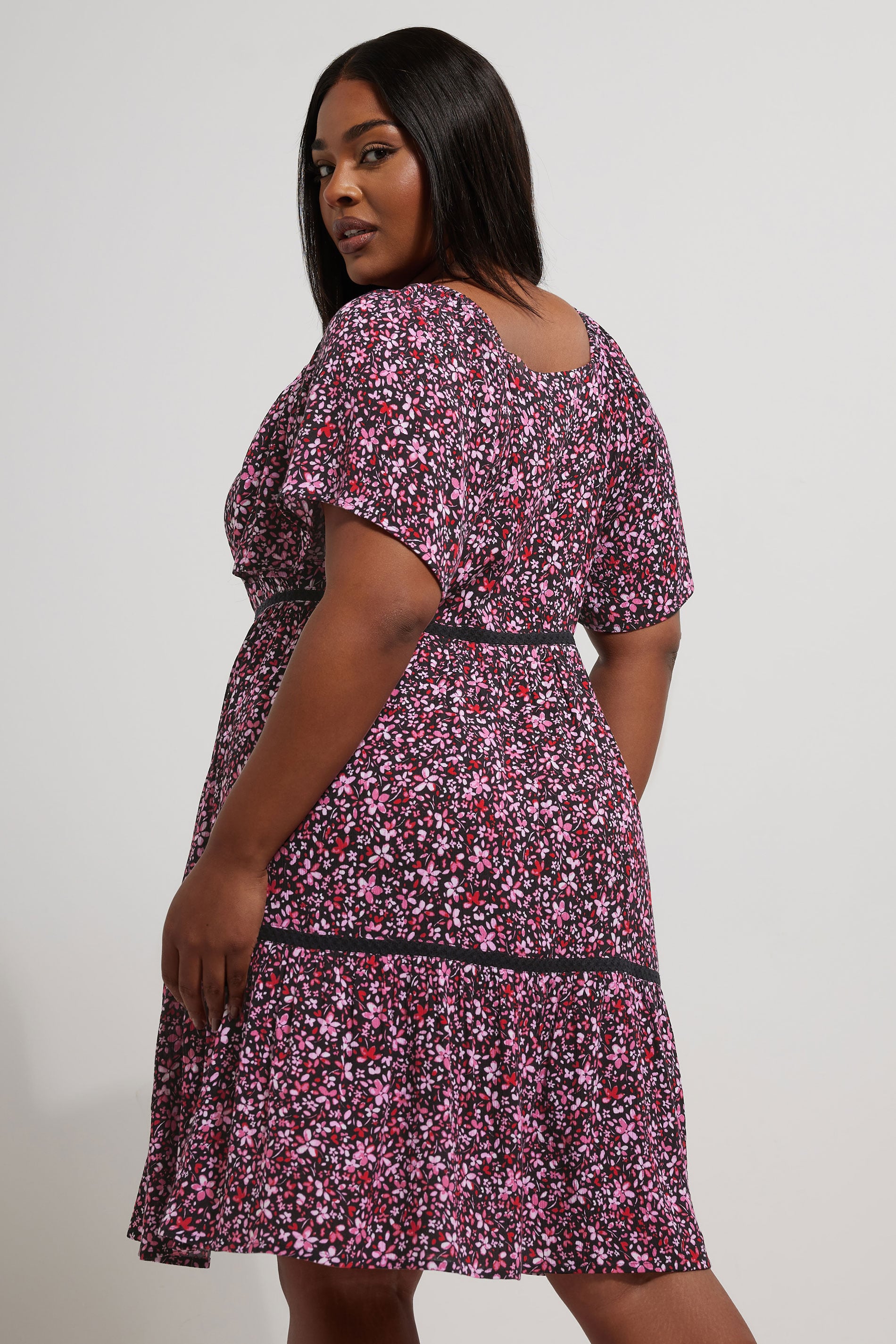 YOURS Plus Size Pink Ditsy Floral Print Tie Neck Mini Dress | Yours Clothing 2