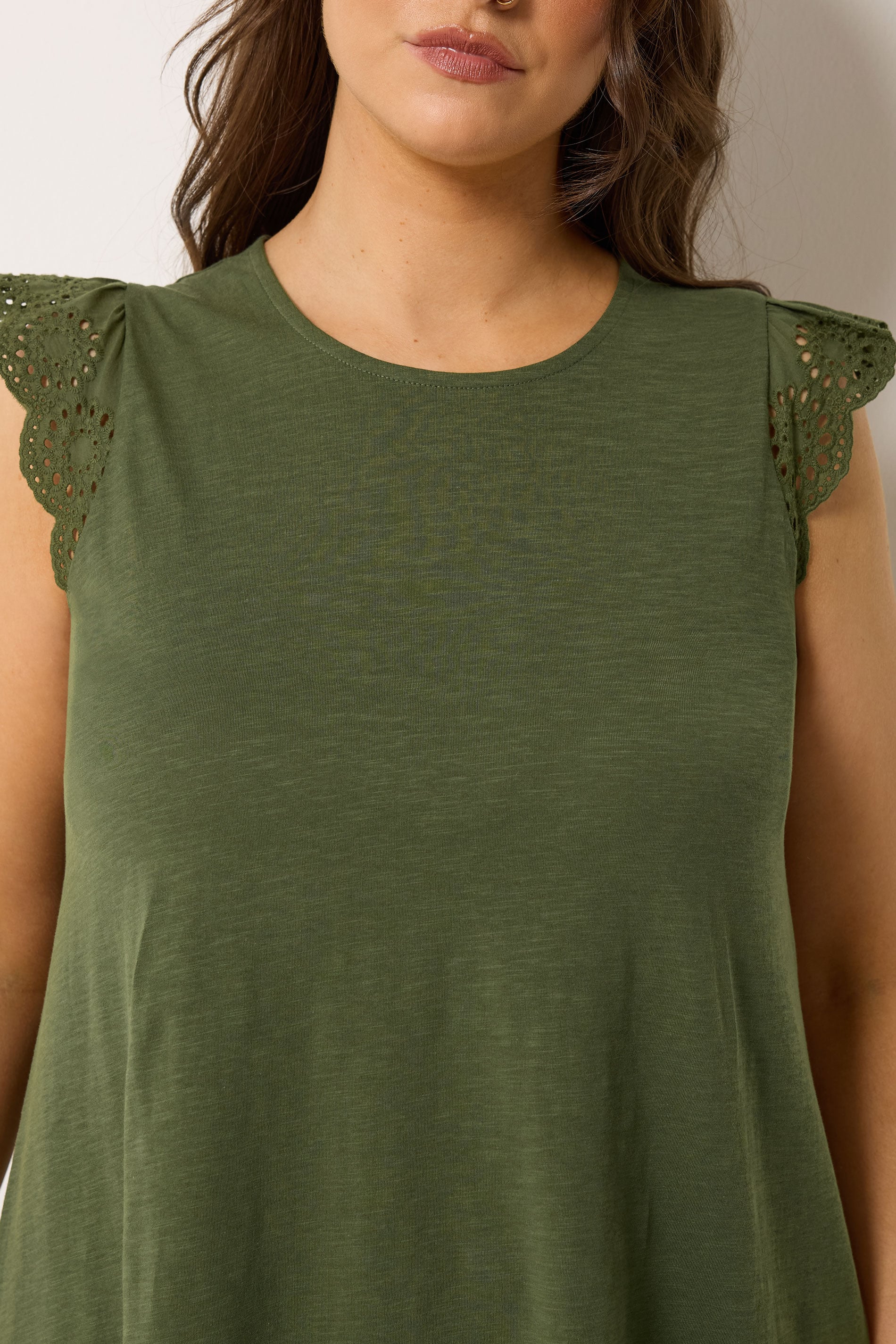 YOURS Plus Size Khaki Green Broderie Frill Vest Top | Yours Clothing 5