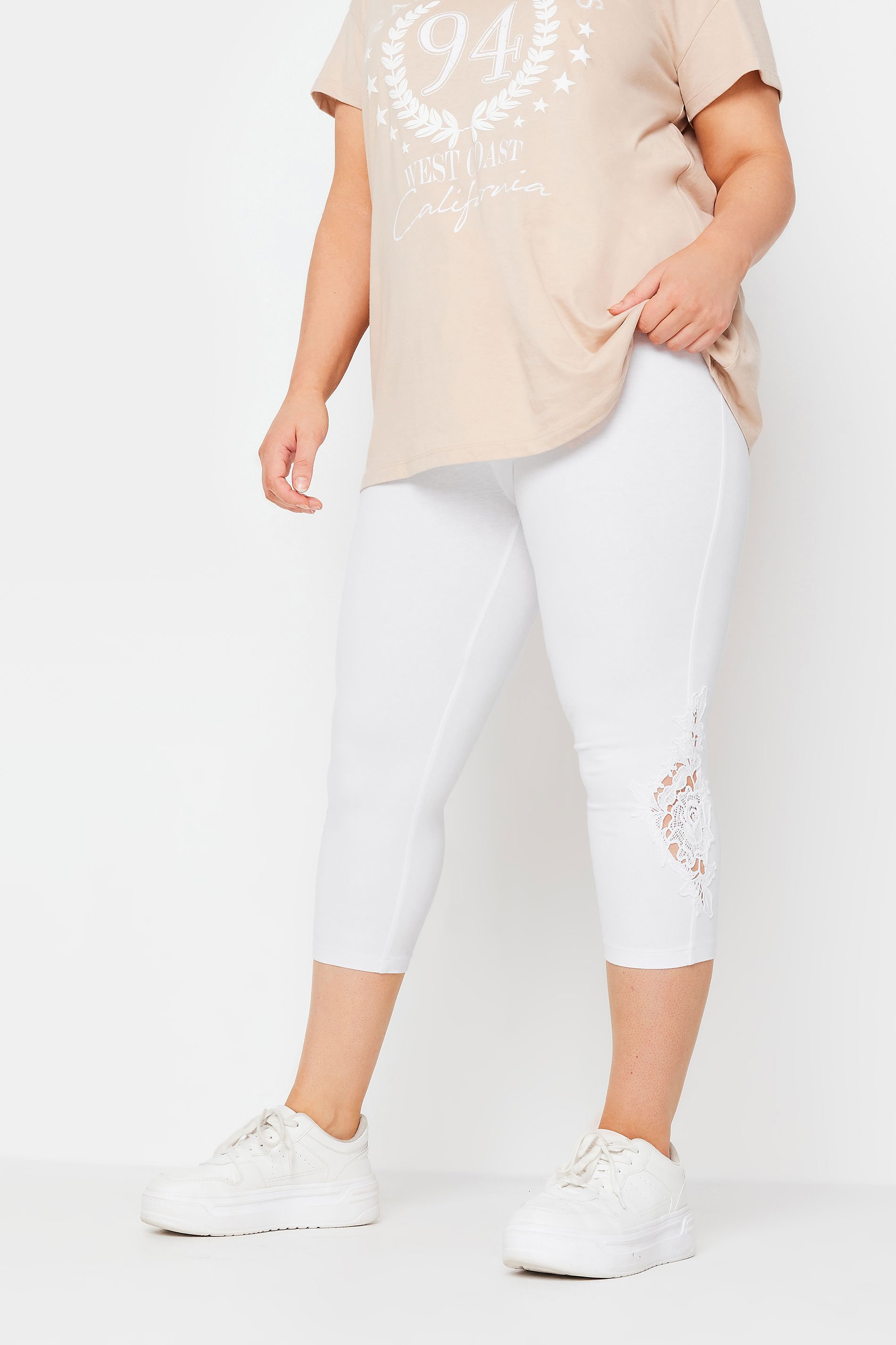 Plus Size White Lace Cropped Leggings | Yours Clothing 1