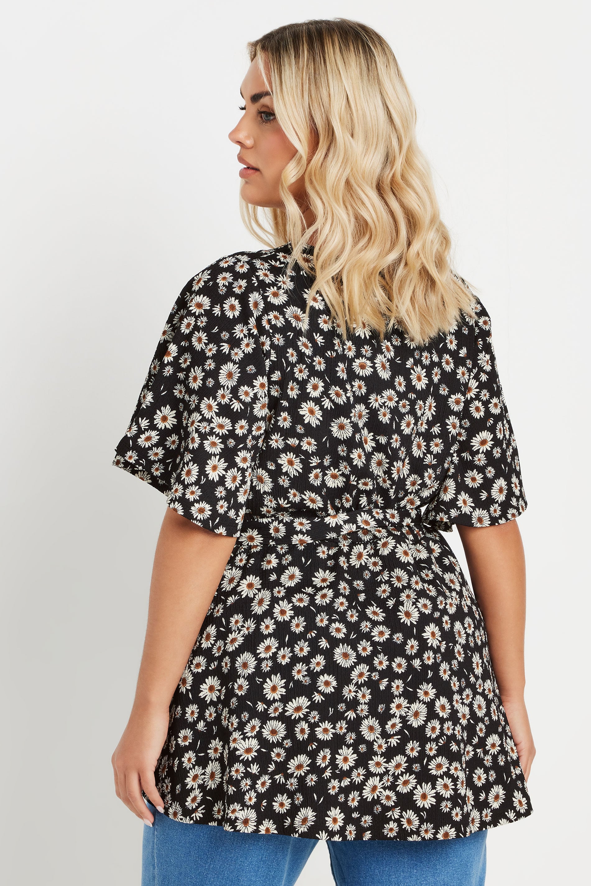 YOURS Plus Size Black Daisy Print Textured Wrap Top | Yours Clothing 5