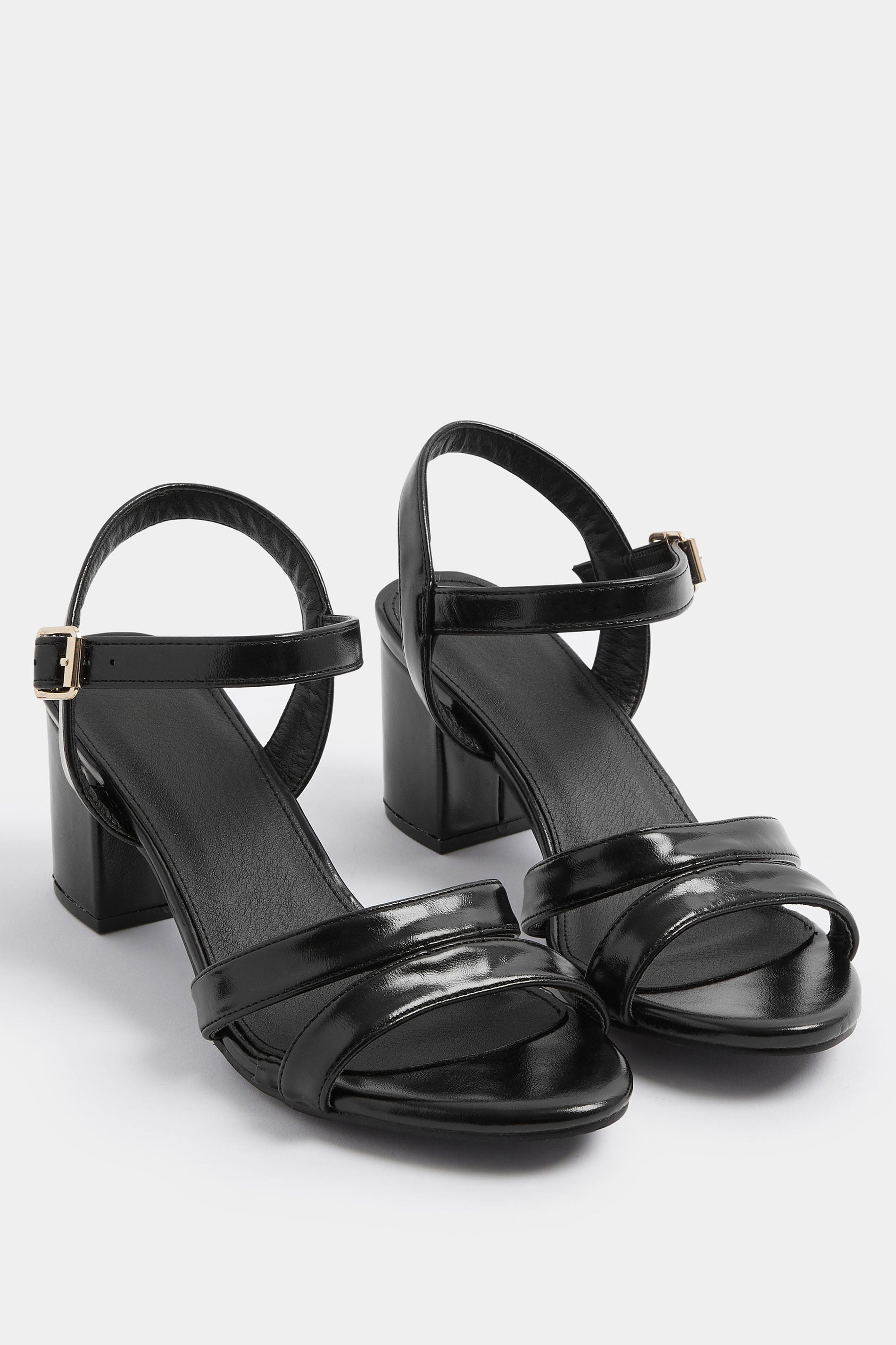 Black Faux Leather Mid Block Heel Sandals In Wide E Fit | Yours Clothing 1