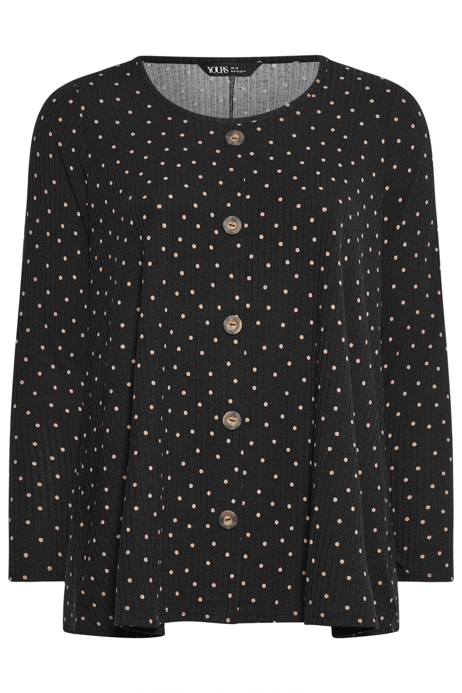 YOURS Plus Size Black Polka Dot Ribbed Button Top | Yours Clothing 6