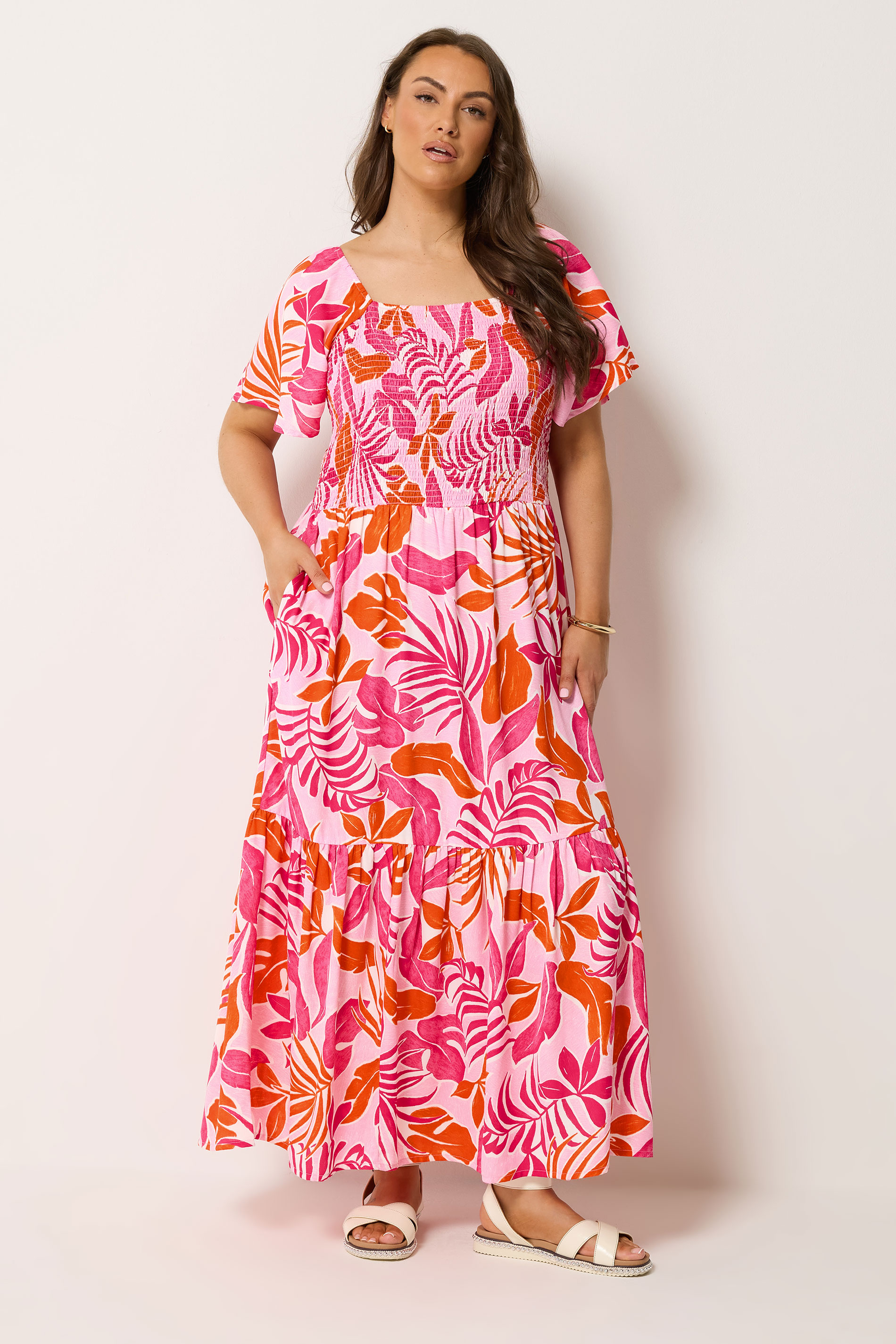 YOURS Plus Size Pink Palm Leaf Shirred Maxi Dress | Yours Clothing 1