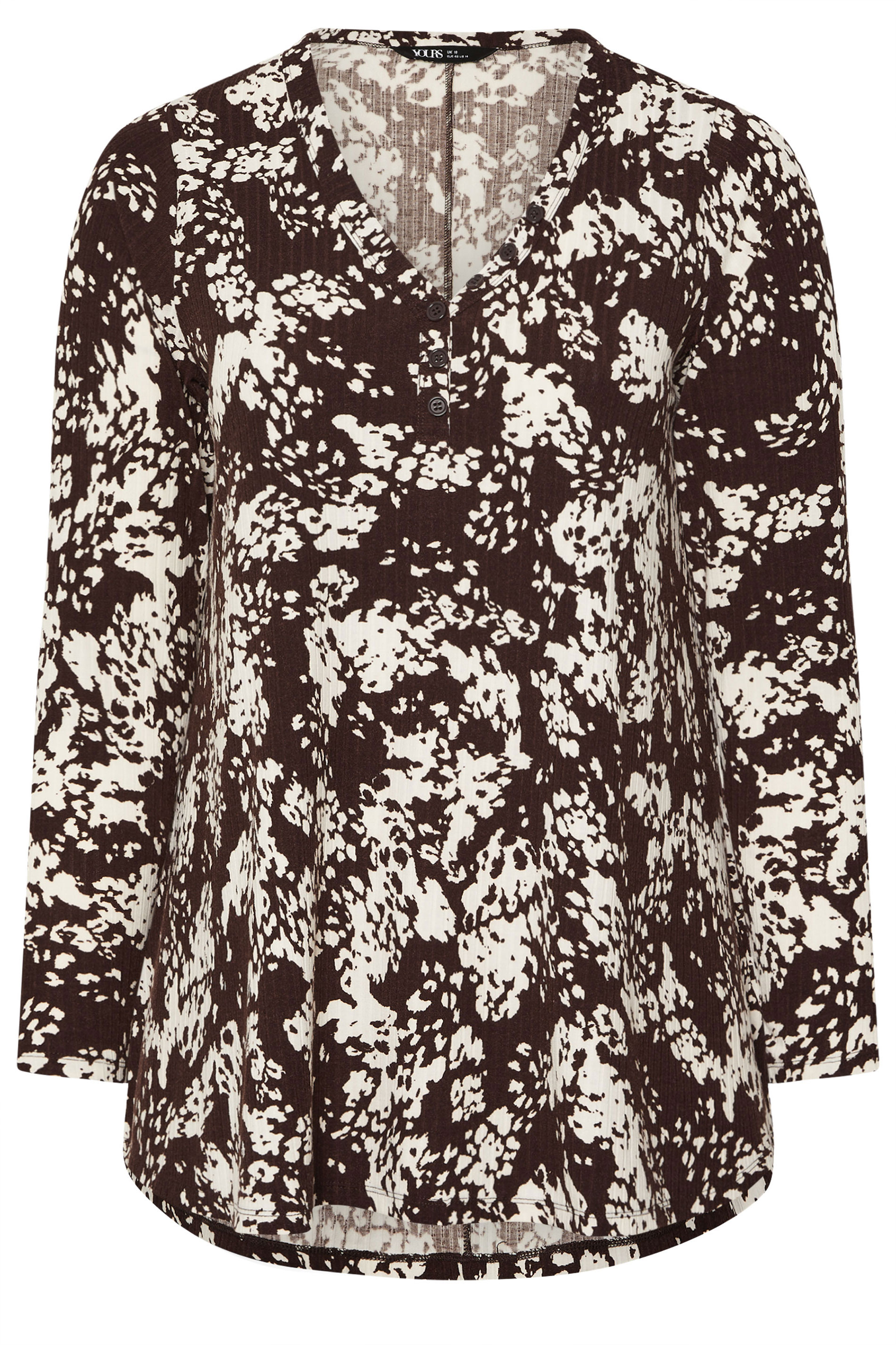 YOURS Plus Size Chocolate Brown Abstract Print Ribbed Henley Top | Yours Clothing 5
