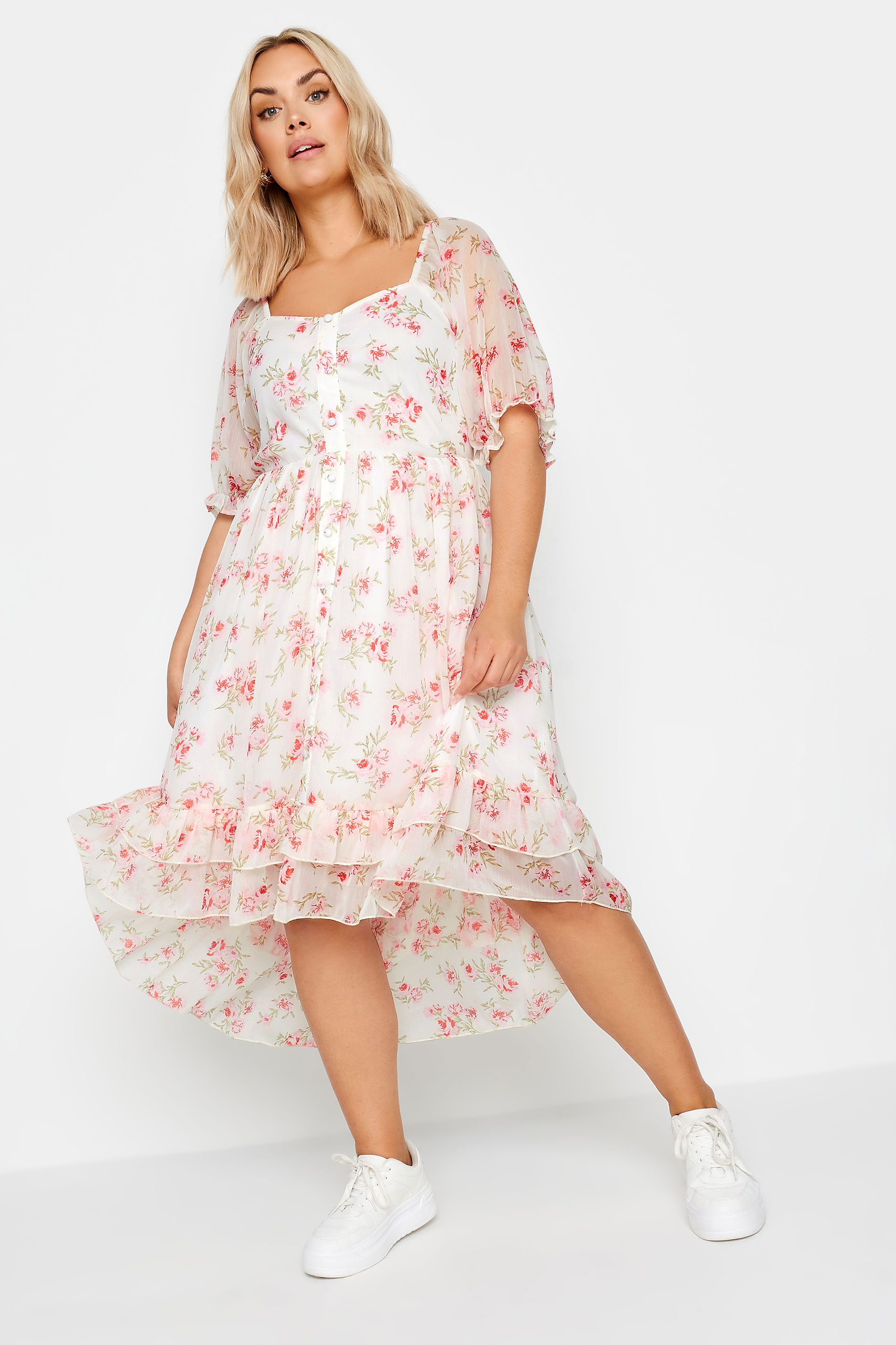 LIMITED COLLECTION Plus Size White Floral Print Dipped Hem Midi Dress | Yours Clothing 3