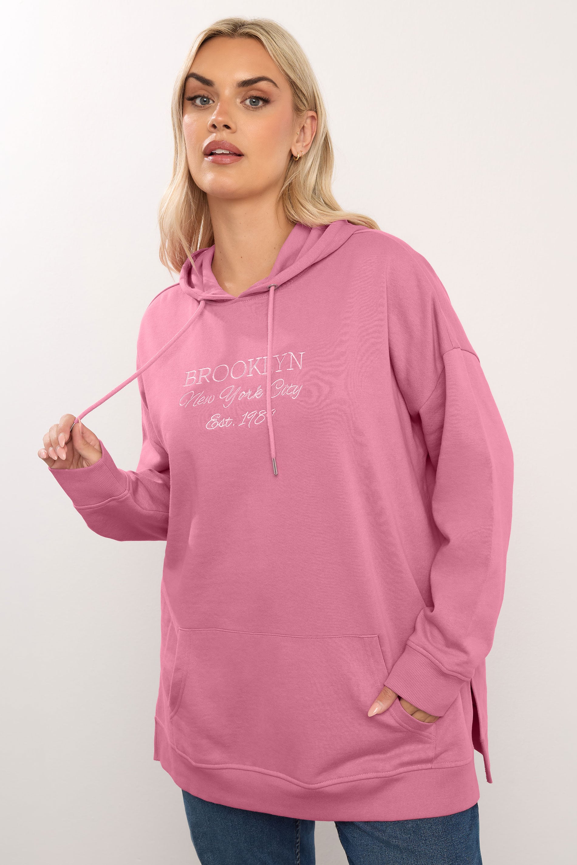 YOURS Plus Size Pink 'Brooklyn' Embroidered Slogan Hoodie | Yours Clothing 1