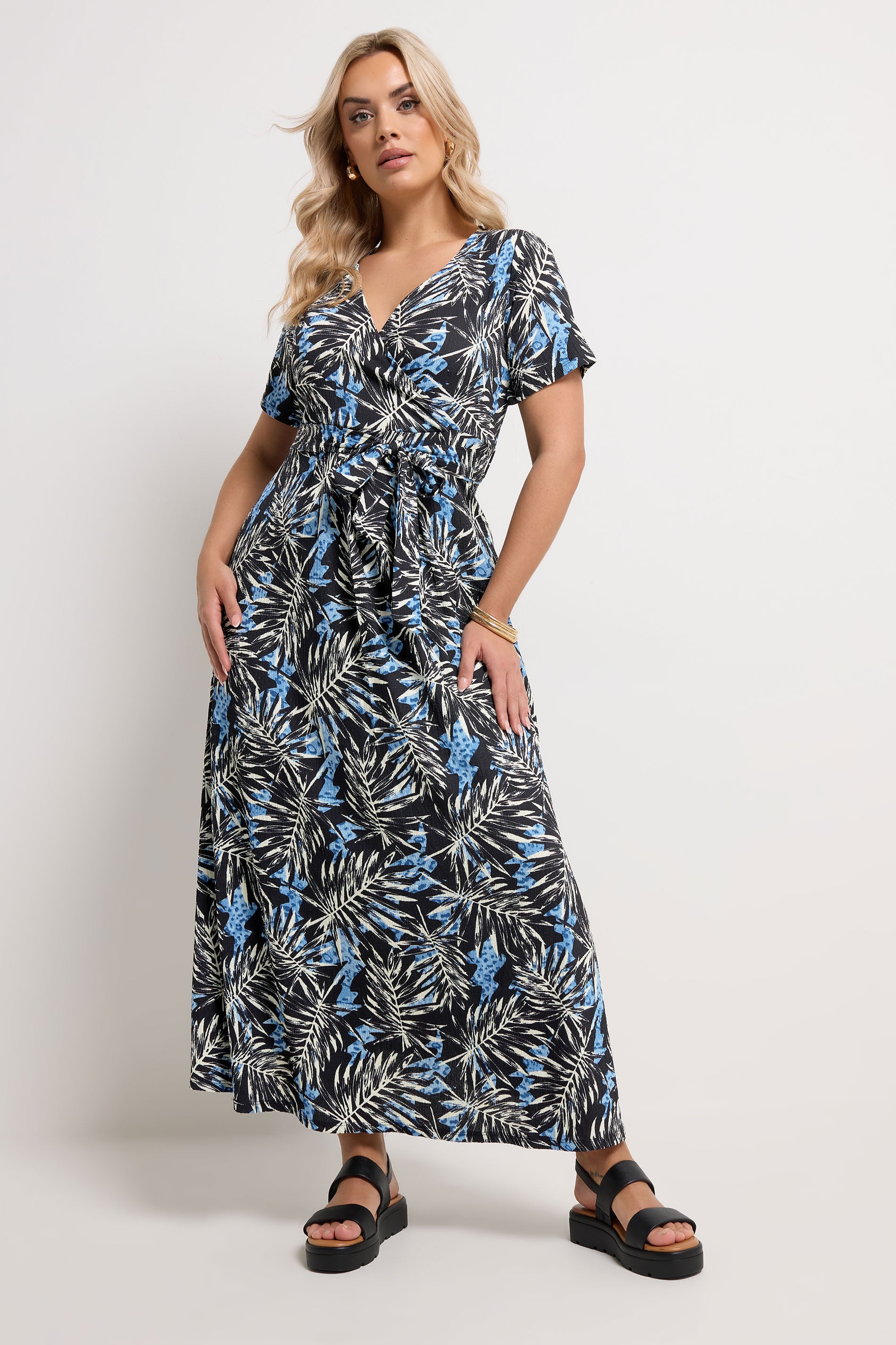 YOURS Plus Size Black Leaf Maxi Wrap Dress | Yours Clothing 1
