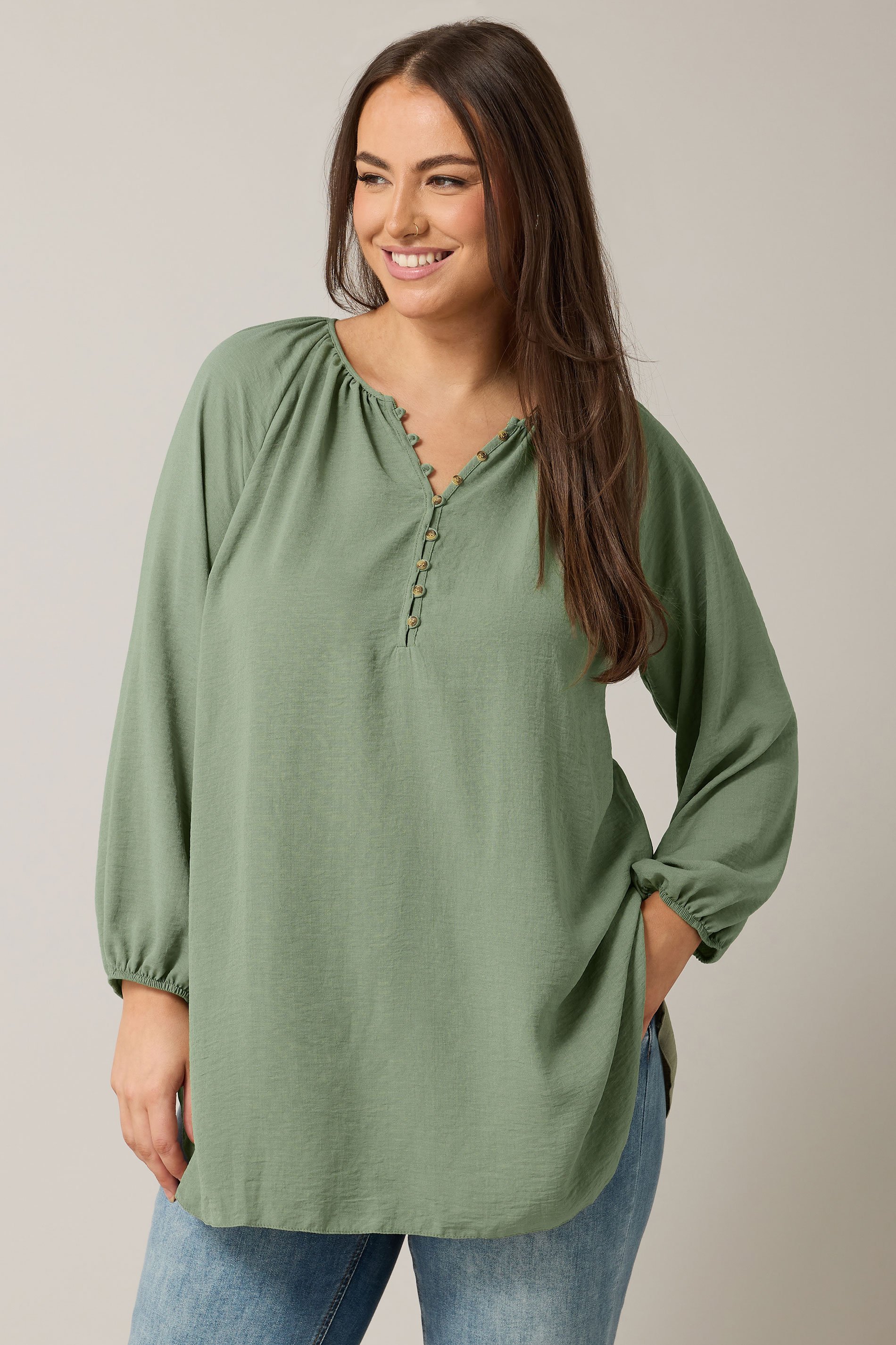 EVANS Plus Size Khaki Green Button Front Long Sleeve Blouse | Evans 1