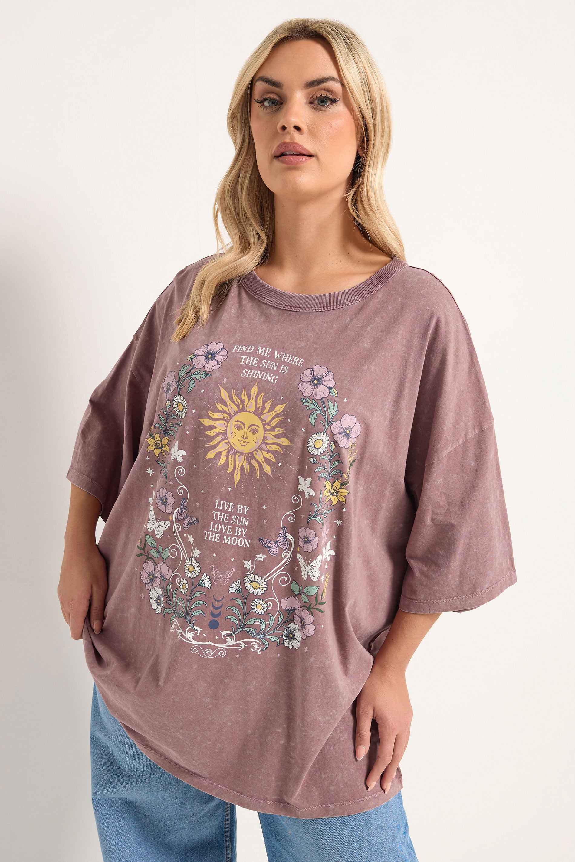 YOURS Plus Size Pink Floral & Sun Graphic Boxy T-Shirt | Yours Clothing 1