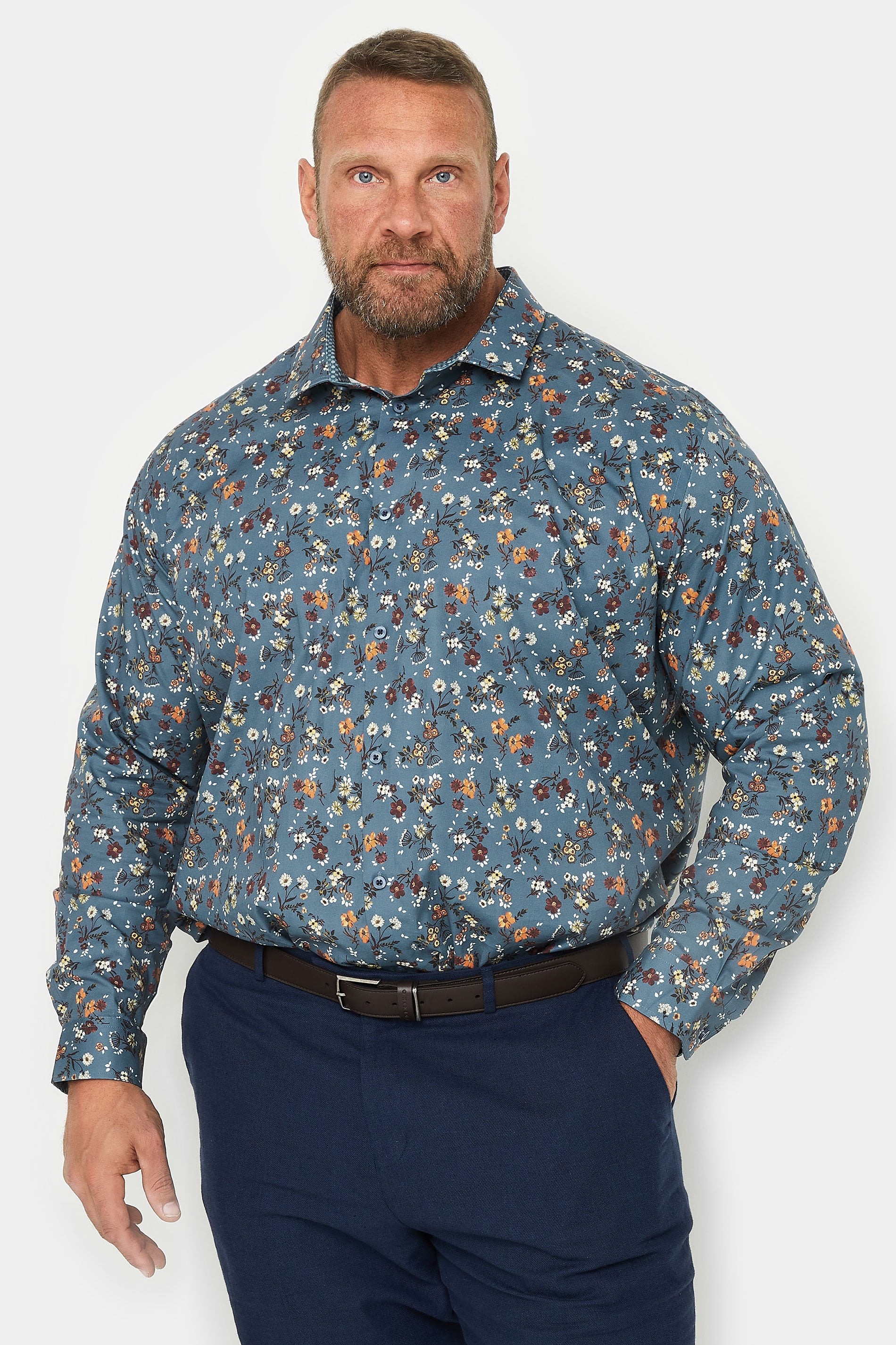 BadRhino Tailoring Big & Tall Premium Blue Floral Print Long Sleeve Shirt | BadRhino 1