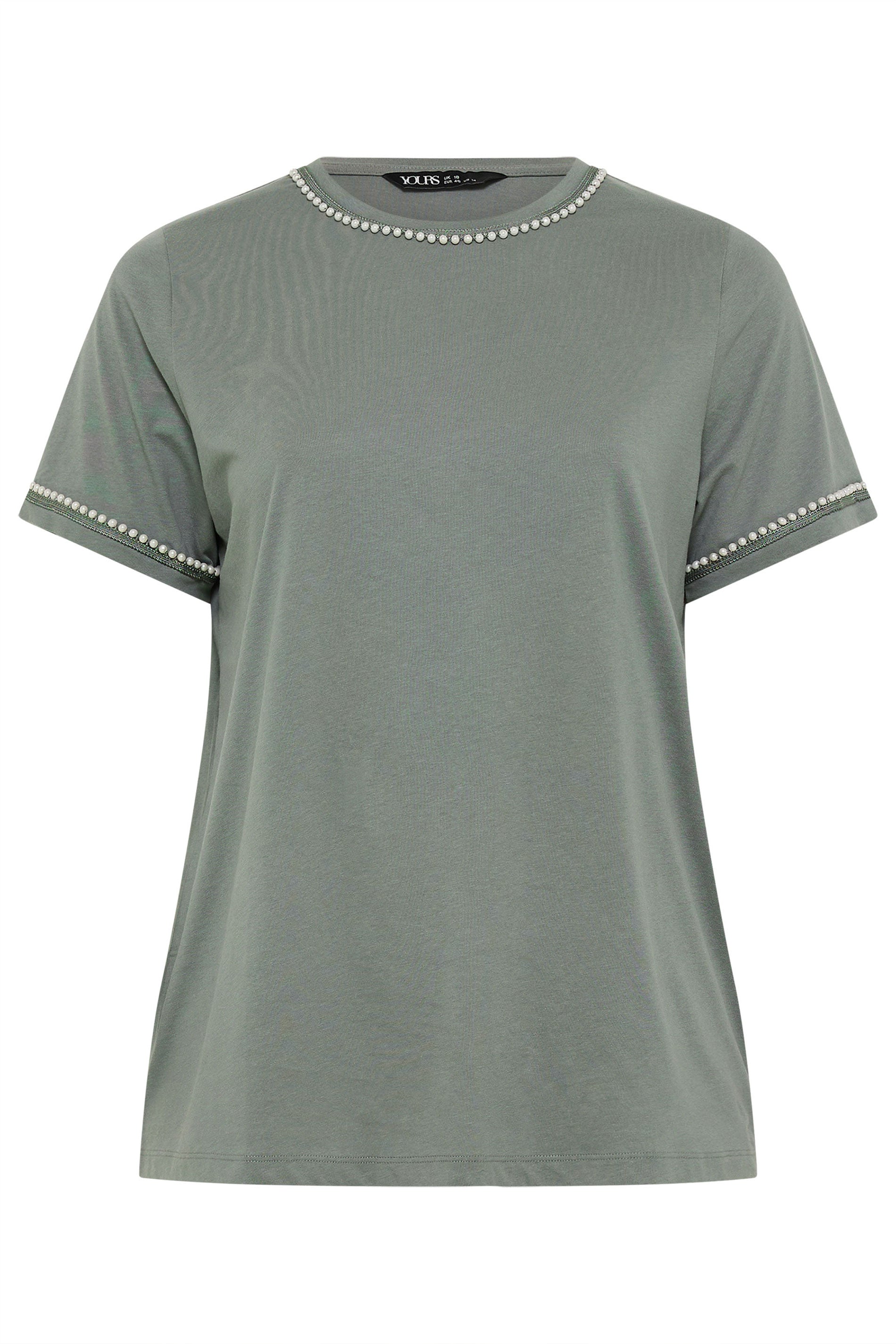 YOURS Plus Size Sage Green Pearl Trim T-Shirt | Yours Clothing 5