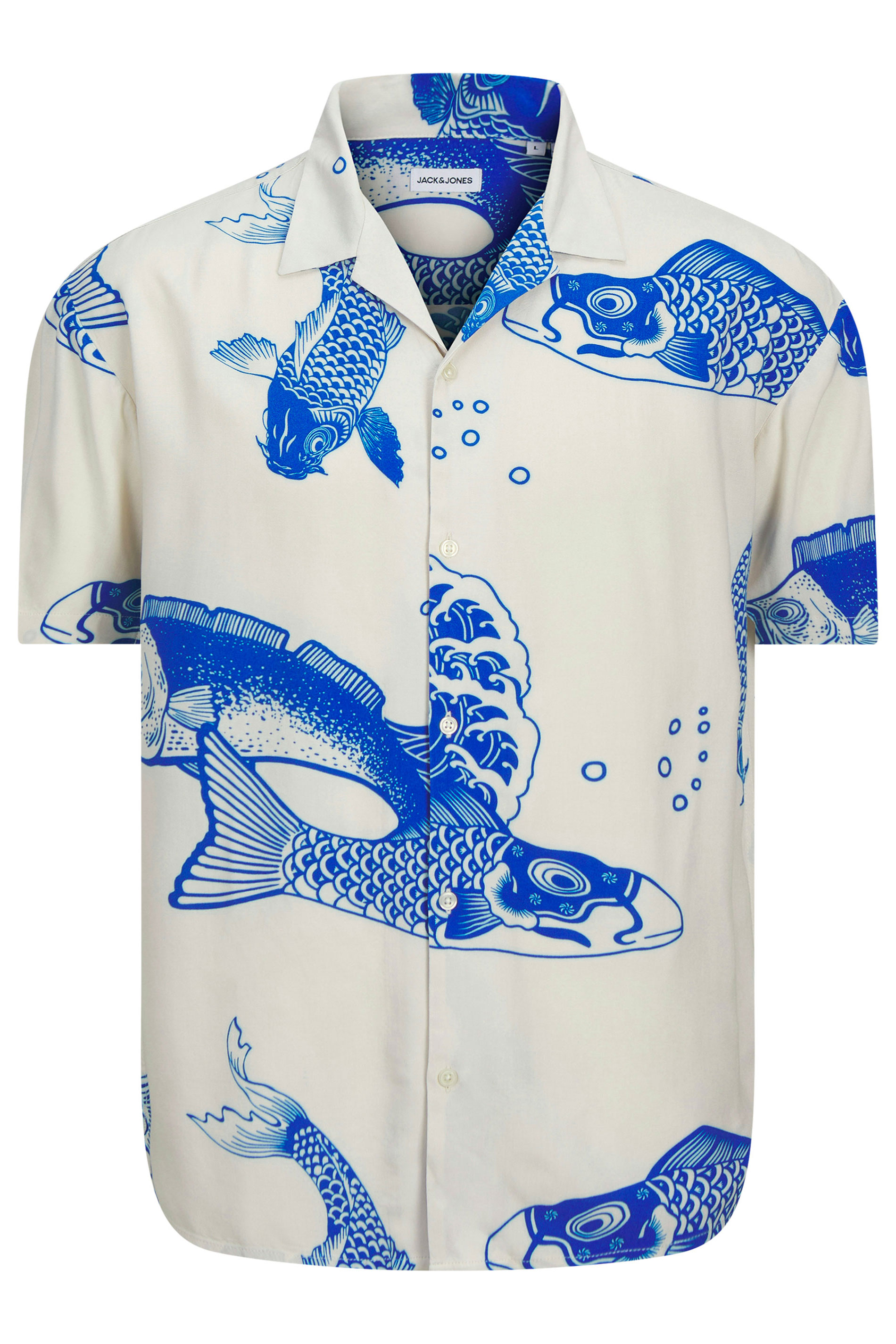 JACK & JONES Big & Tall White & Blue Koi Print Resort Shirt | BadRhino 2