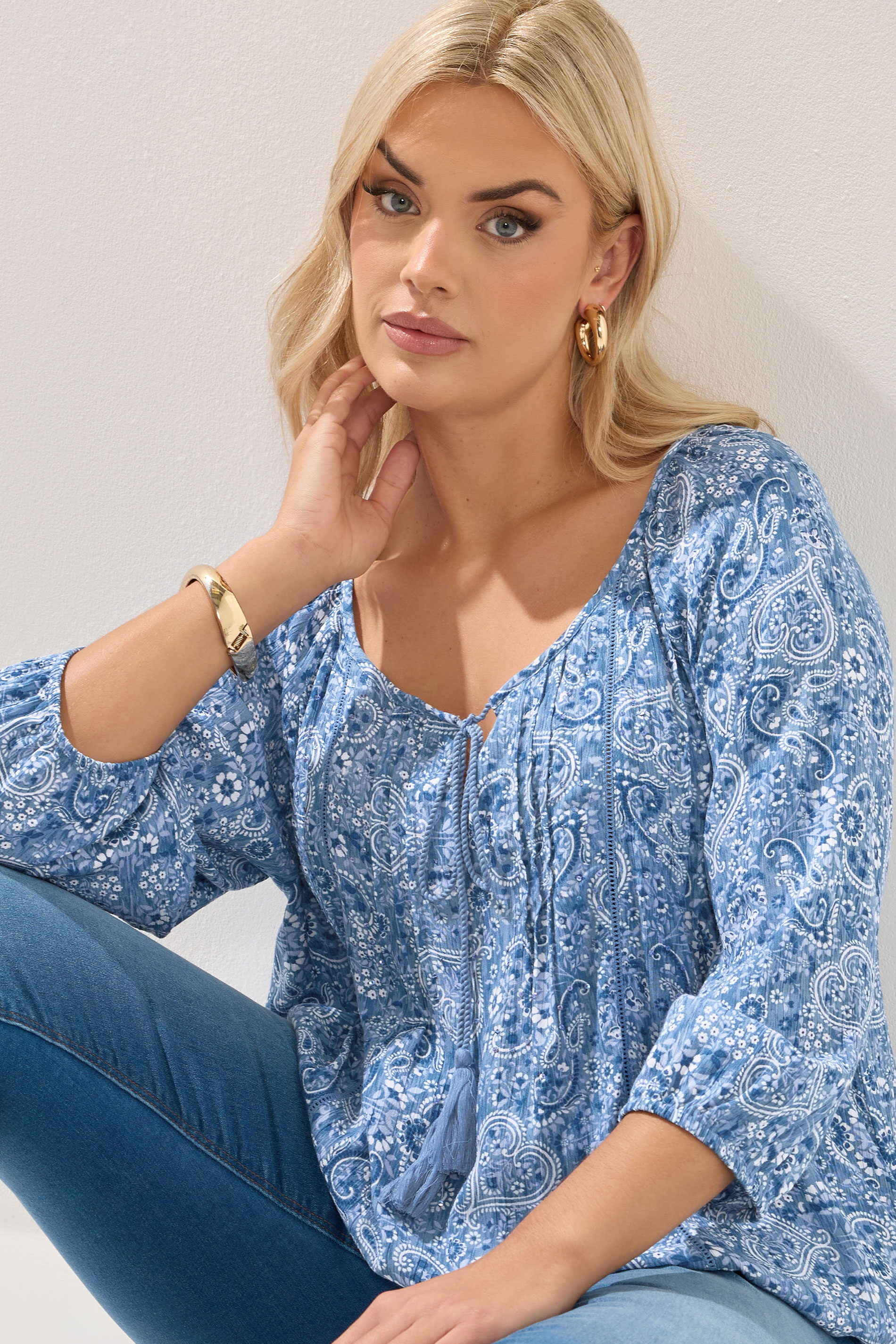 YOURS Plus Size Blue Paisley Print Sequin Tie Neck Top | Yours Clothing 5