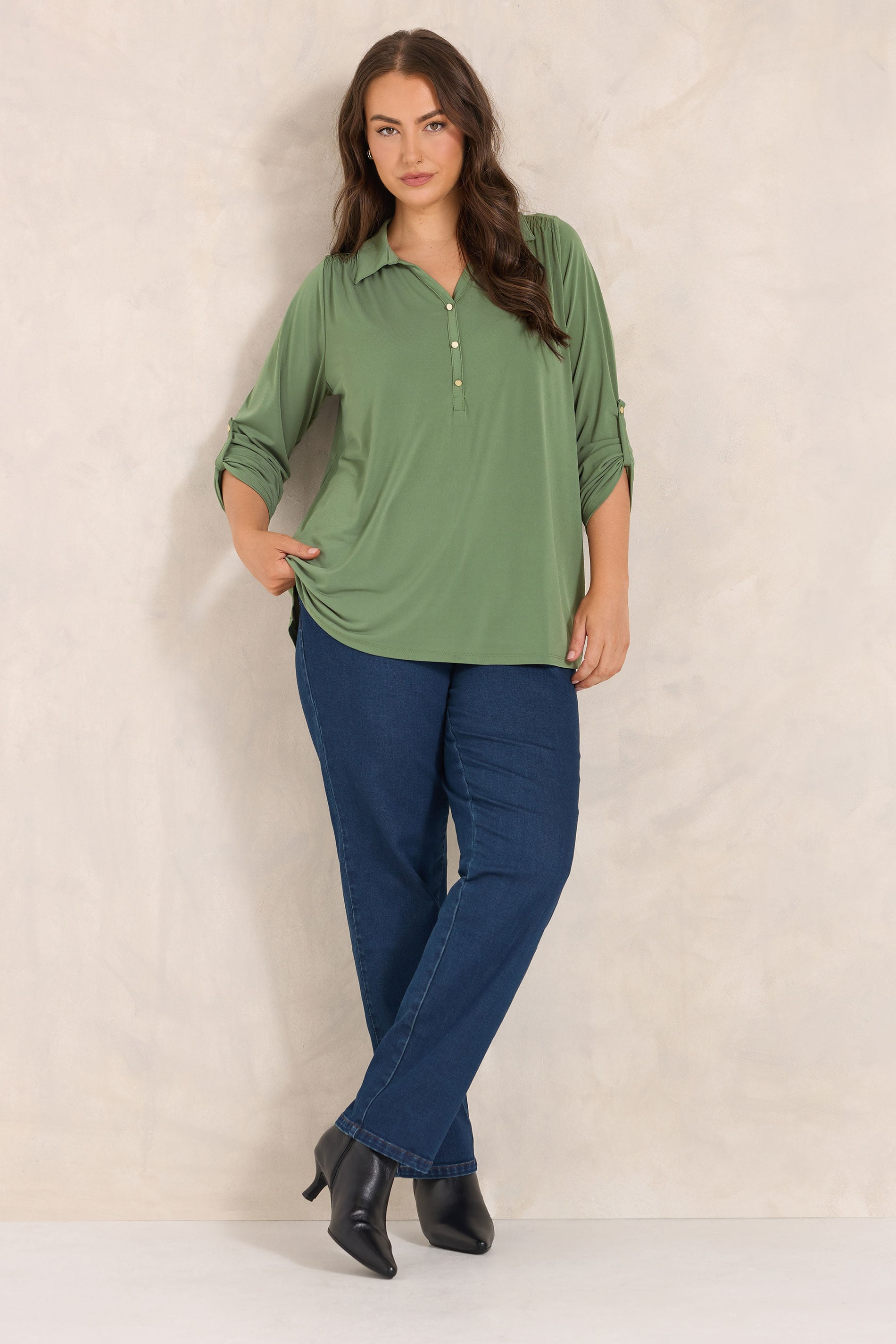 EVANS Plus Size Khaki Green Long Sleeve Blouse | Evans  1