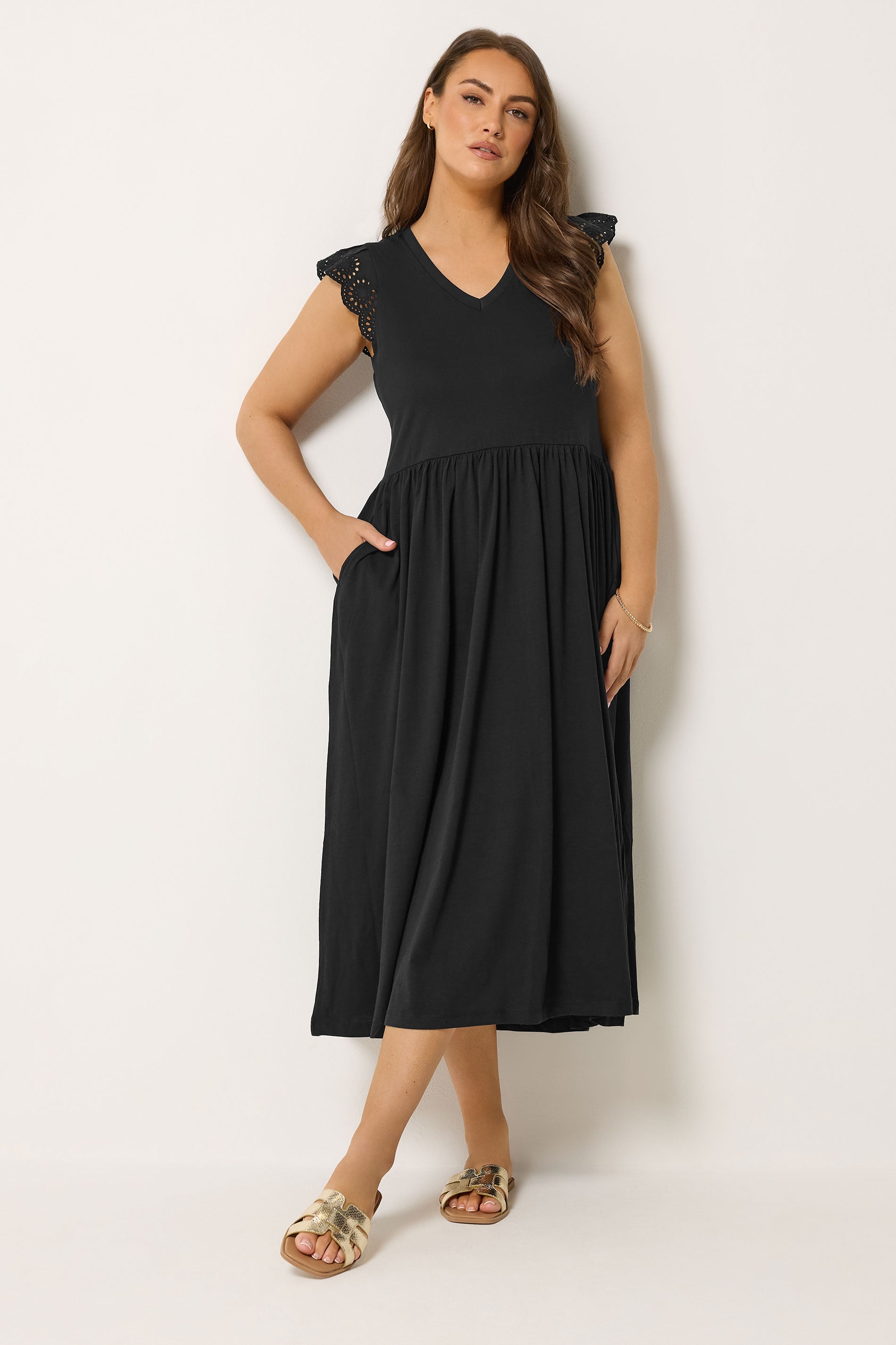 YOURS Plus Size Black Broderie Sleeve Maxi Dress | Yours Clothing 1