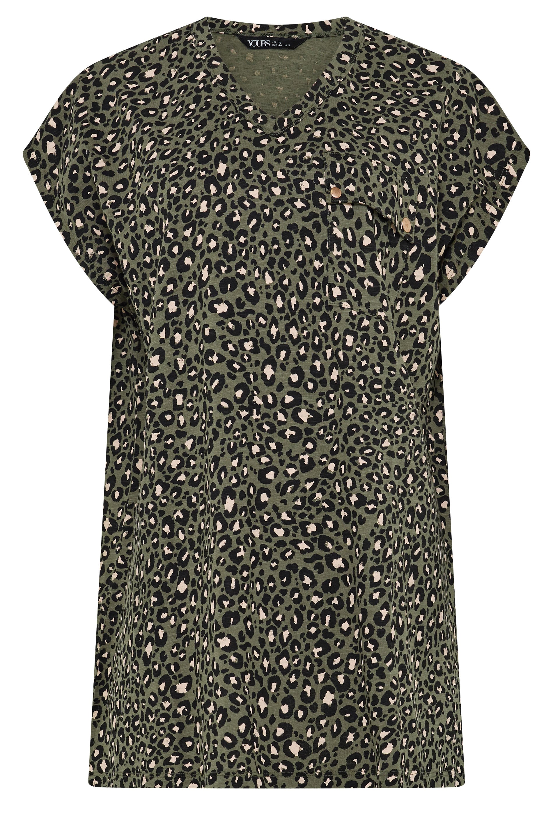 YOURS Plus Size Khaki Green Leopard Stud Pocket T-Shirt | Yours Clothing 5