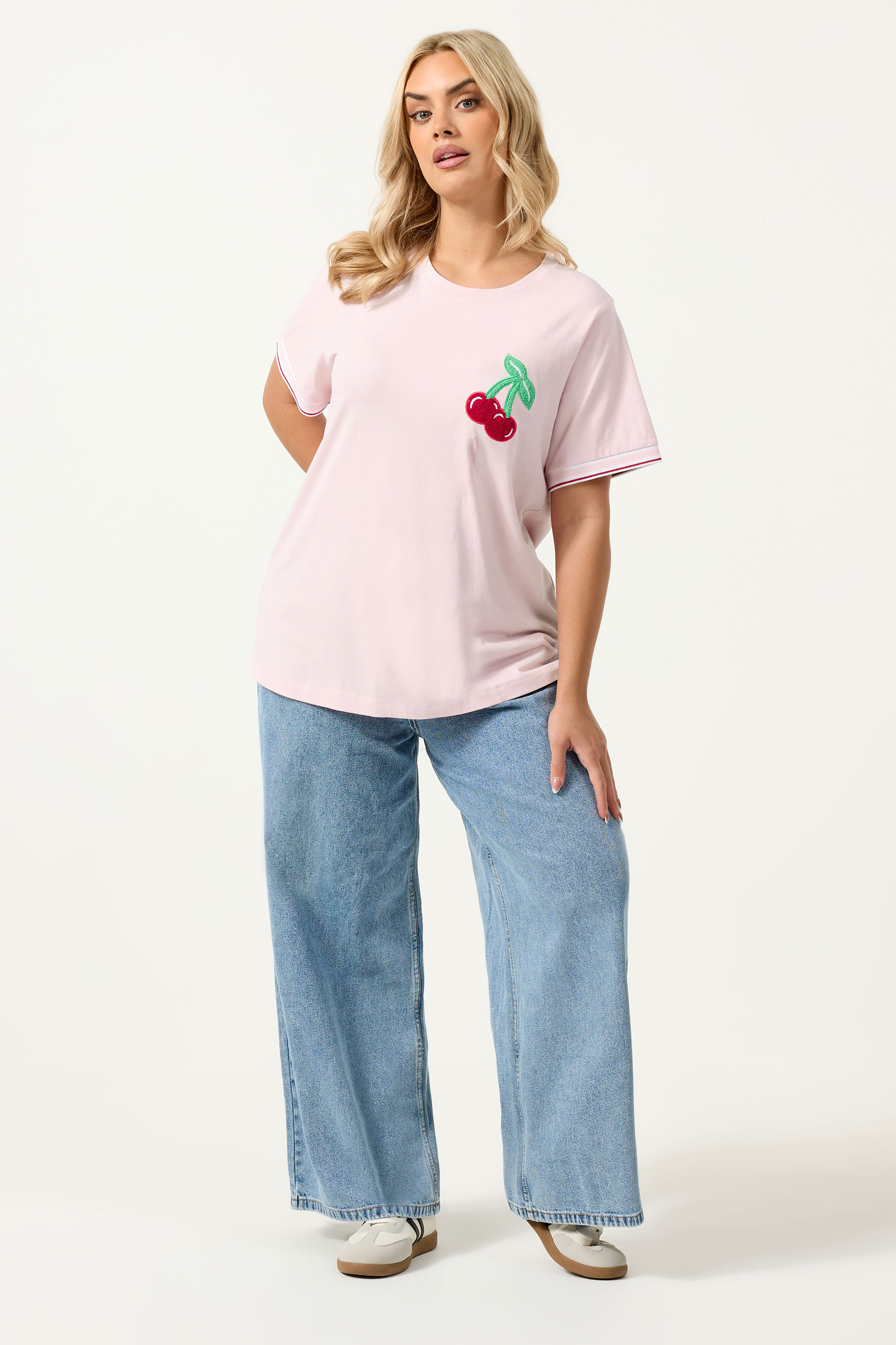 YOURS Plus Size Pink Cherry Varsity Trim T-Shirt | Yours Clothing 1