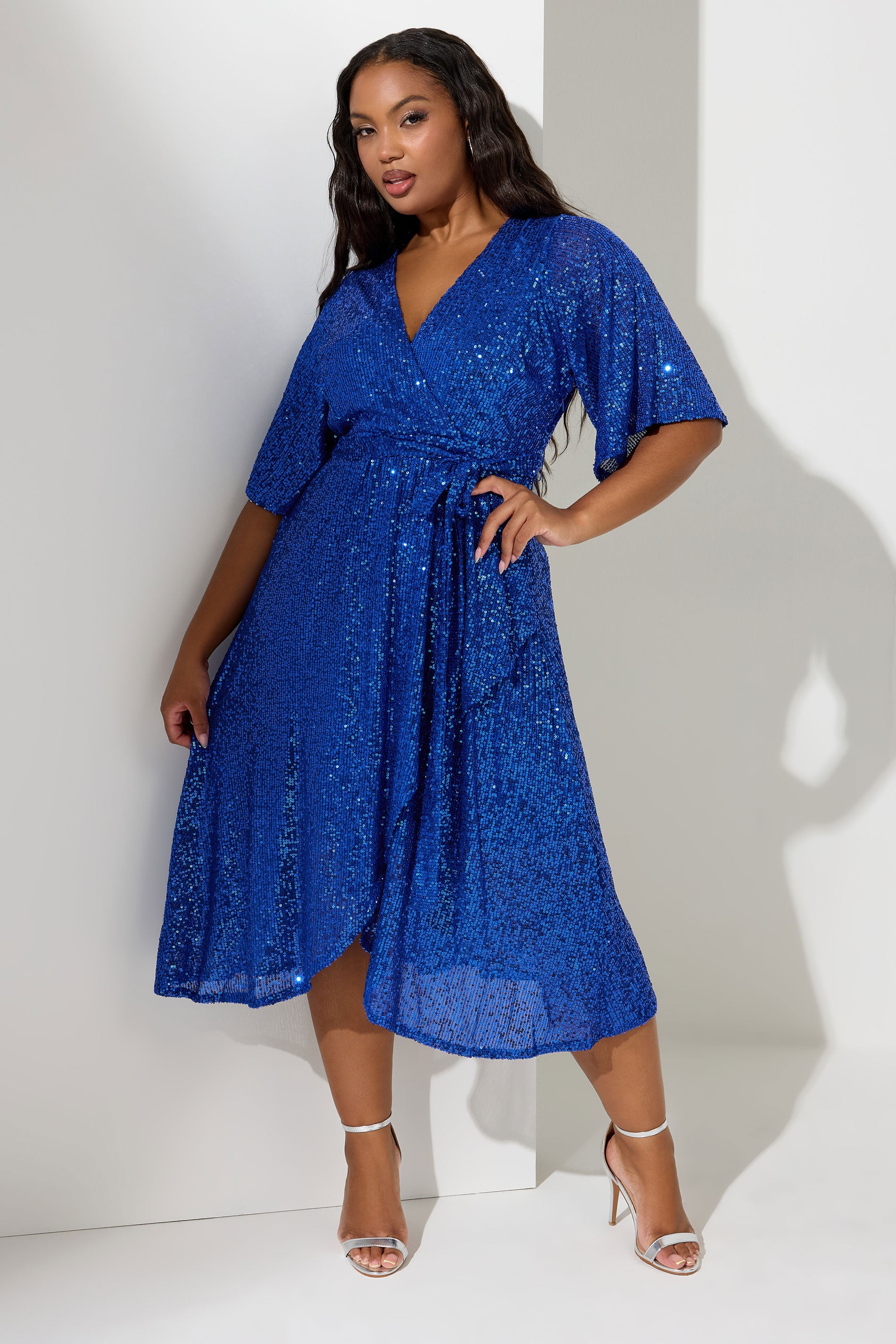 YOURS LONDON Plus Size Blue Sequin Wrap Dress | Yours Clothing 3