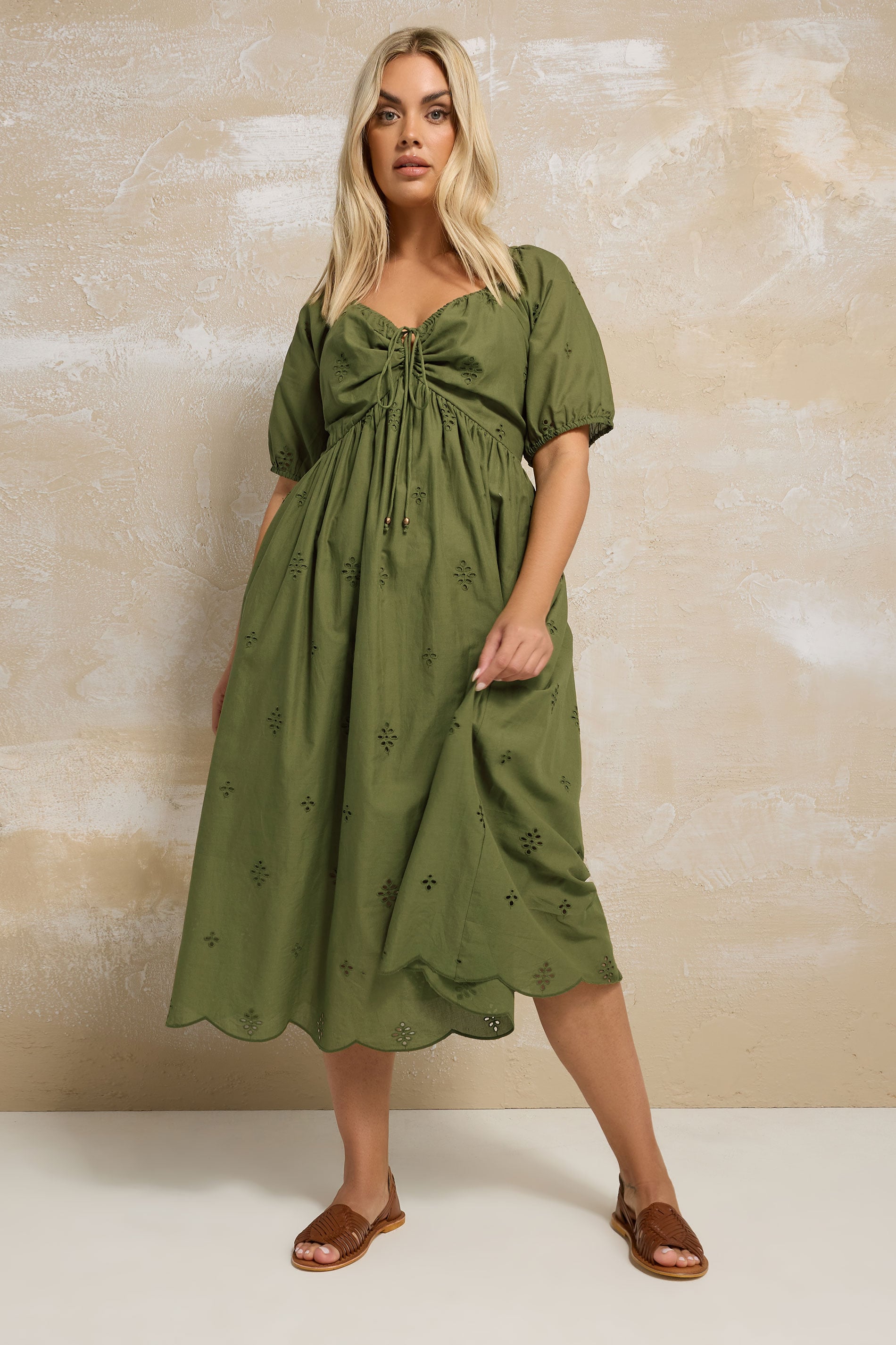 YOURS Plus Size Khaki Green Broderie Anglaise Dress | Yours Clothing 3