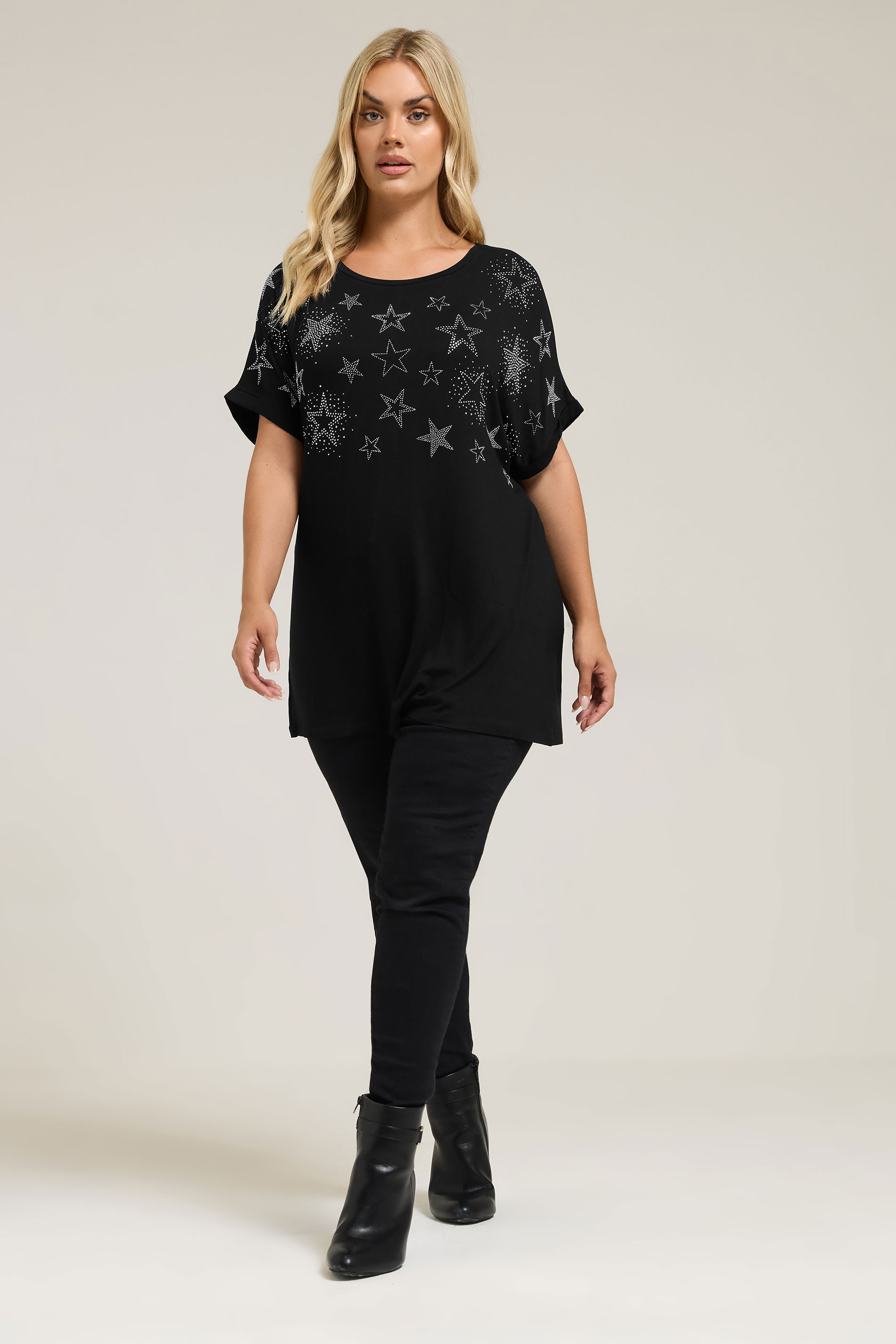 YOURS Curve Black Star Stud Embellished T-Shirt | Yours Clothing 1