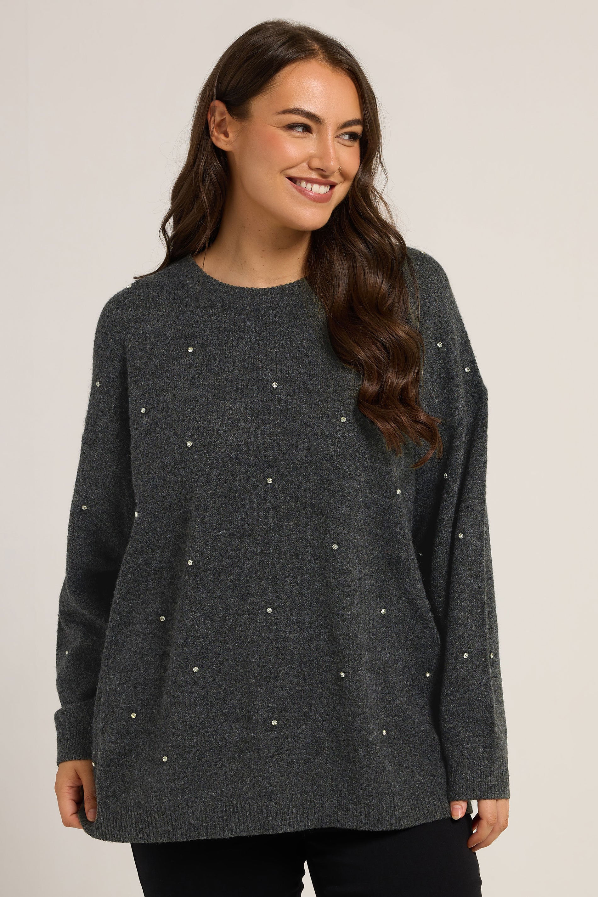 YOURS Plus Size Grey Embellished Front Jumper | Yours Clothing 3