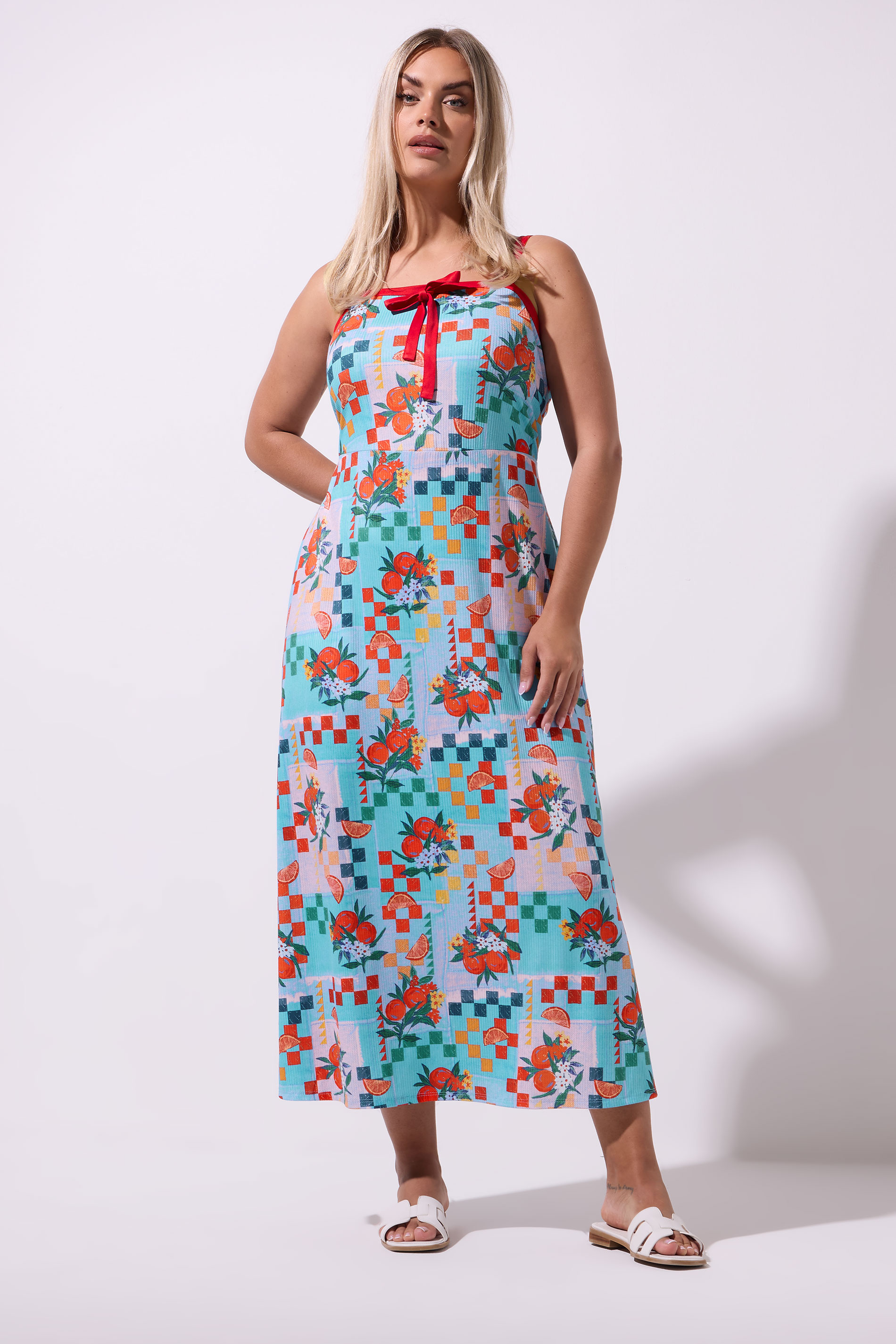 LIMITED COLLECTION Plus Size Blue Fruit Check Print Maxi Dress | Yours Clothing 1