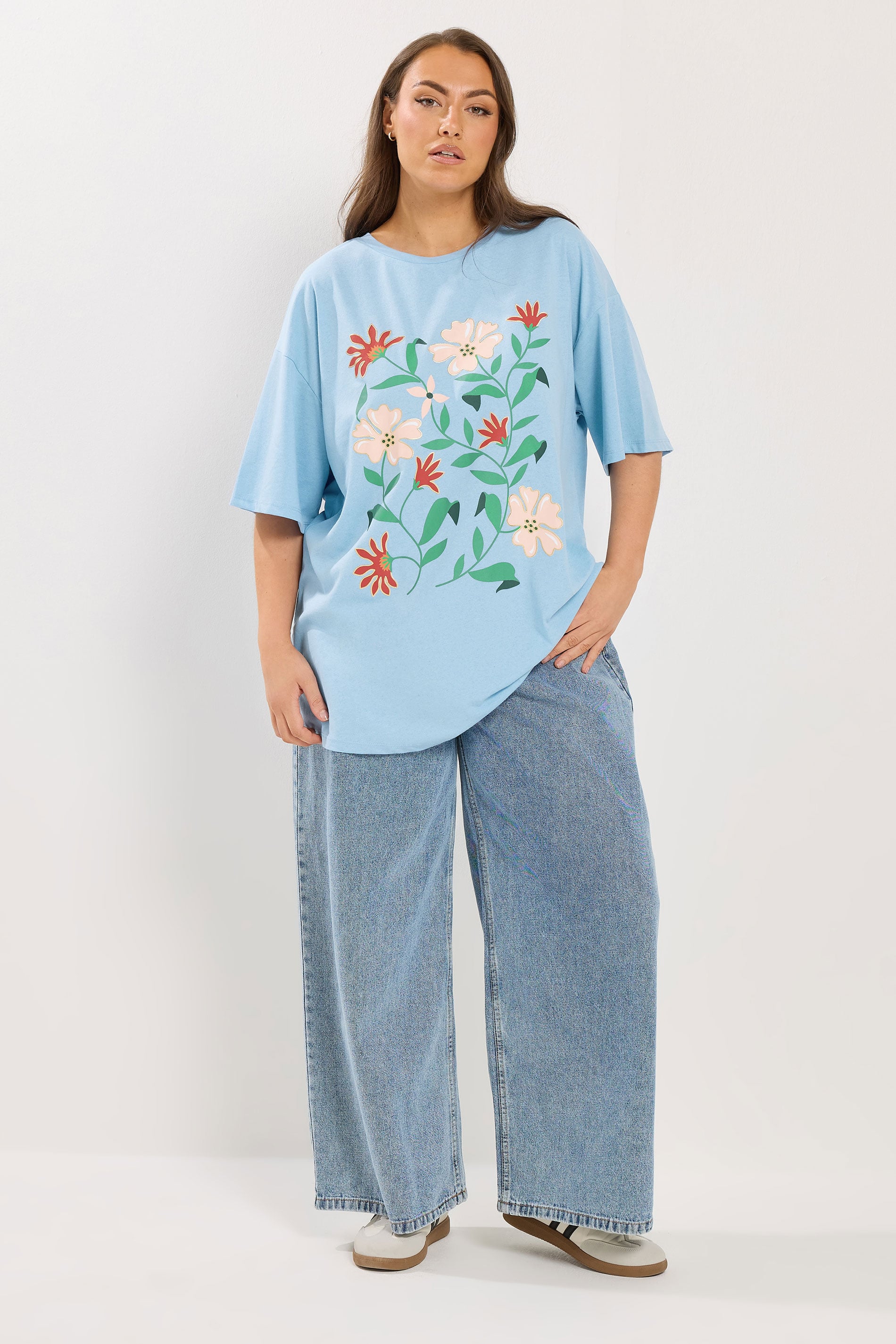 YOURS Plus Size Blue Floral Graphic T-Shirt | Yours Clothing 1