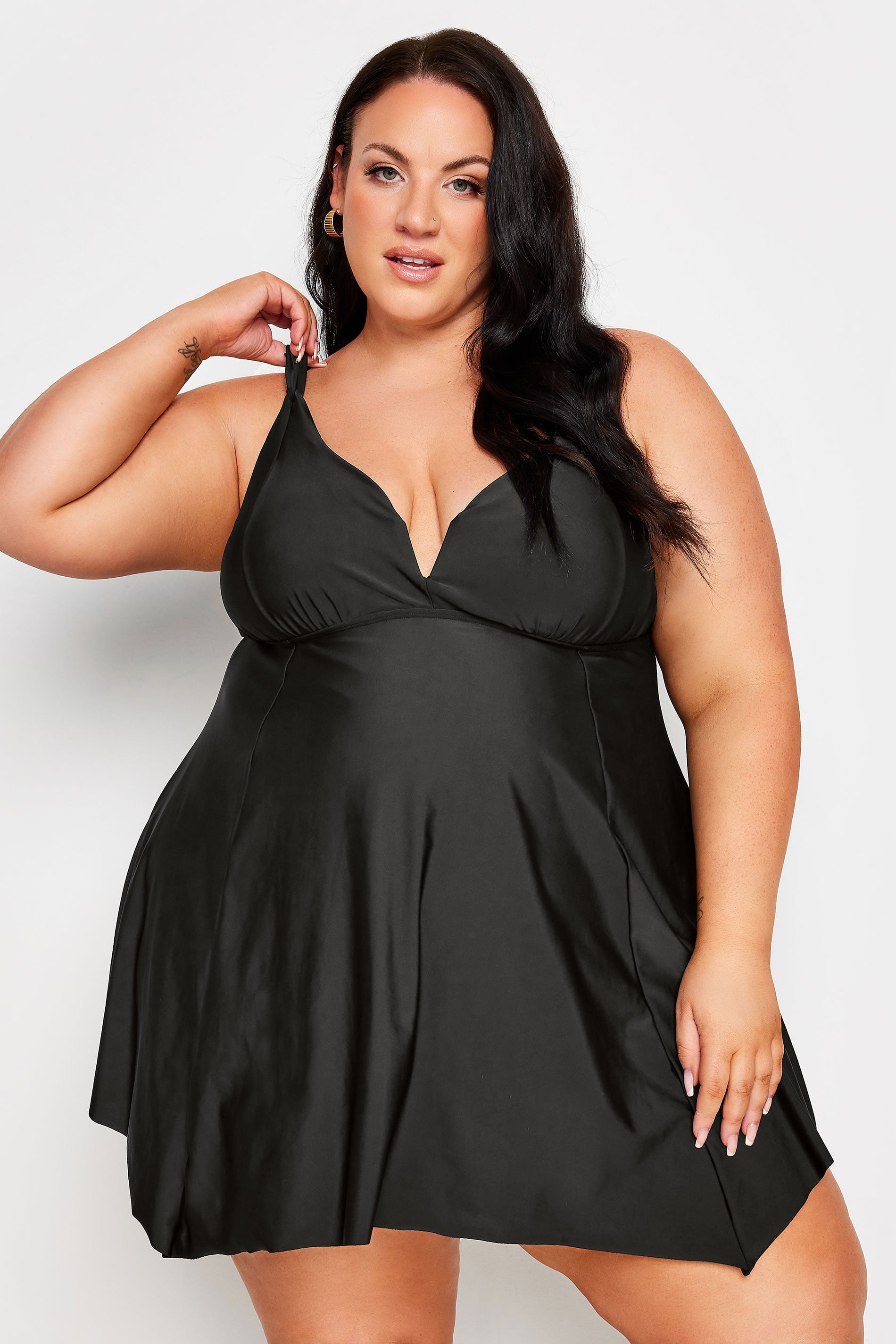 YOURS Plus Size Black Knotted Strap Hanky Hem Swim Dress | Yours Clothing 1