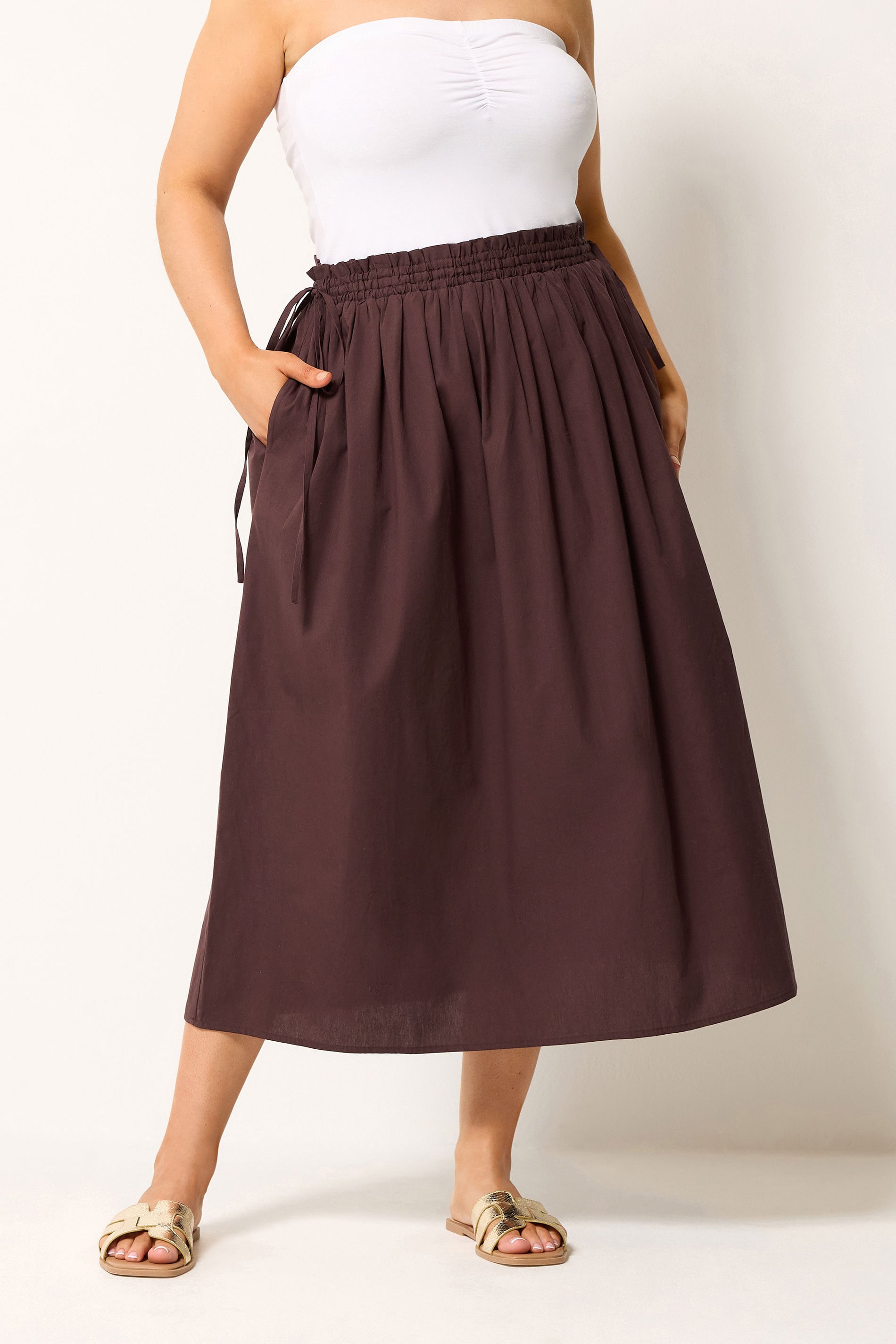 YOURS Plus Size Chocolate Brown Poplin Midi Skirt | Yours Clothing 3