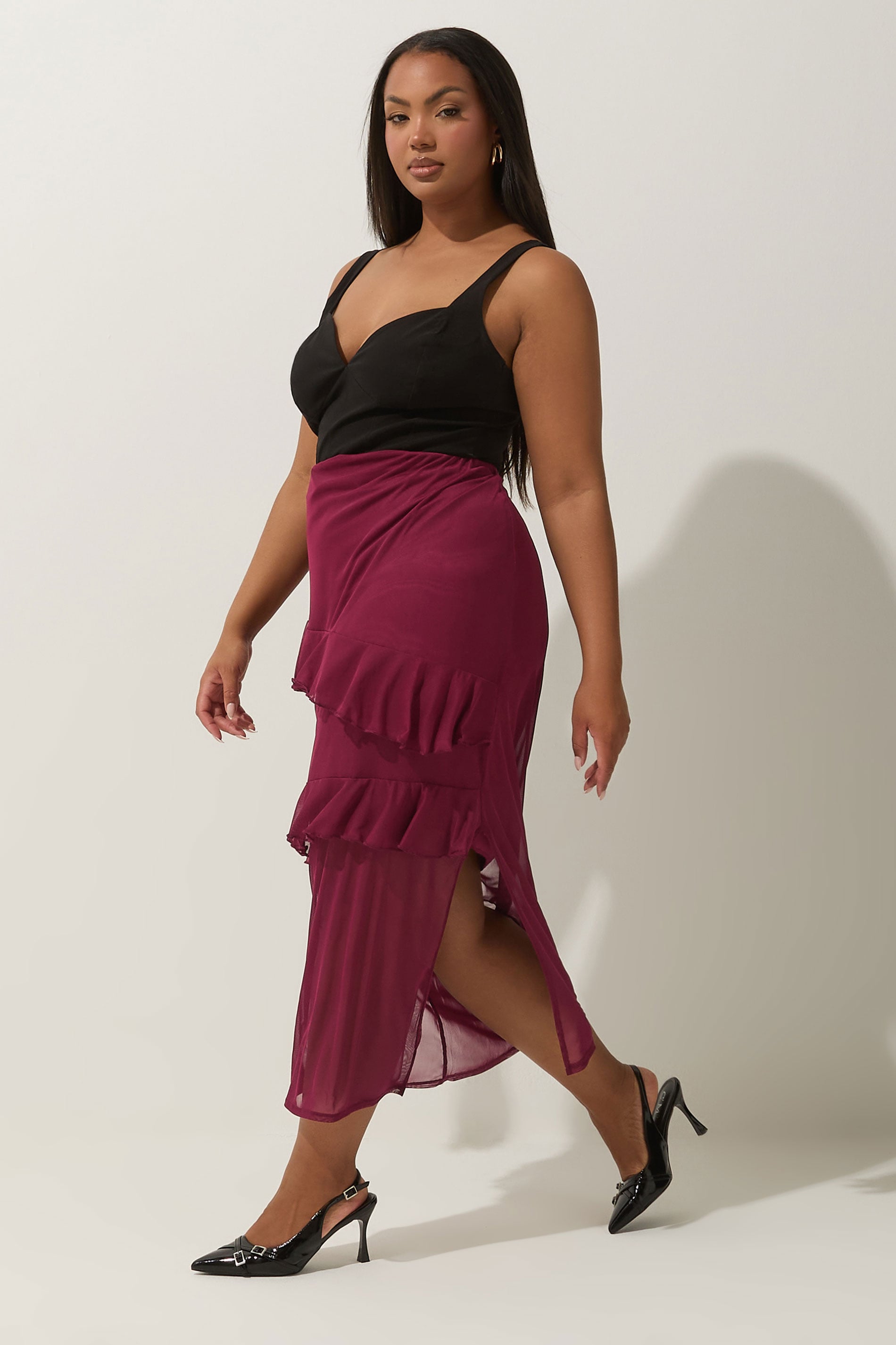 LIMITED COLLECTION Plus Size Burgundy Red Frill Mesh Skirt | Yours Clothing 1