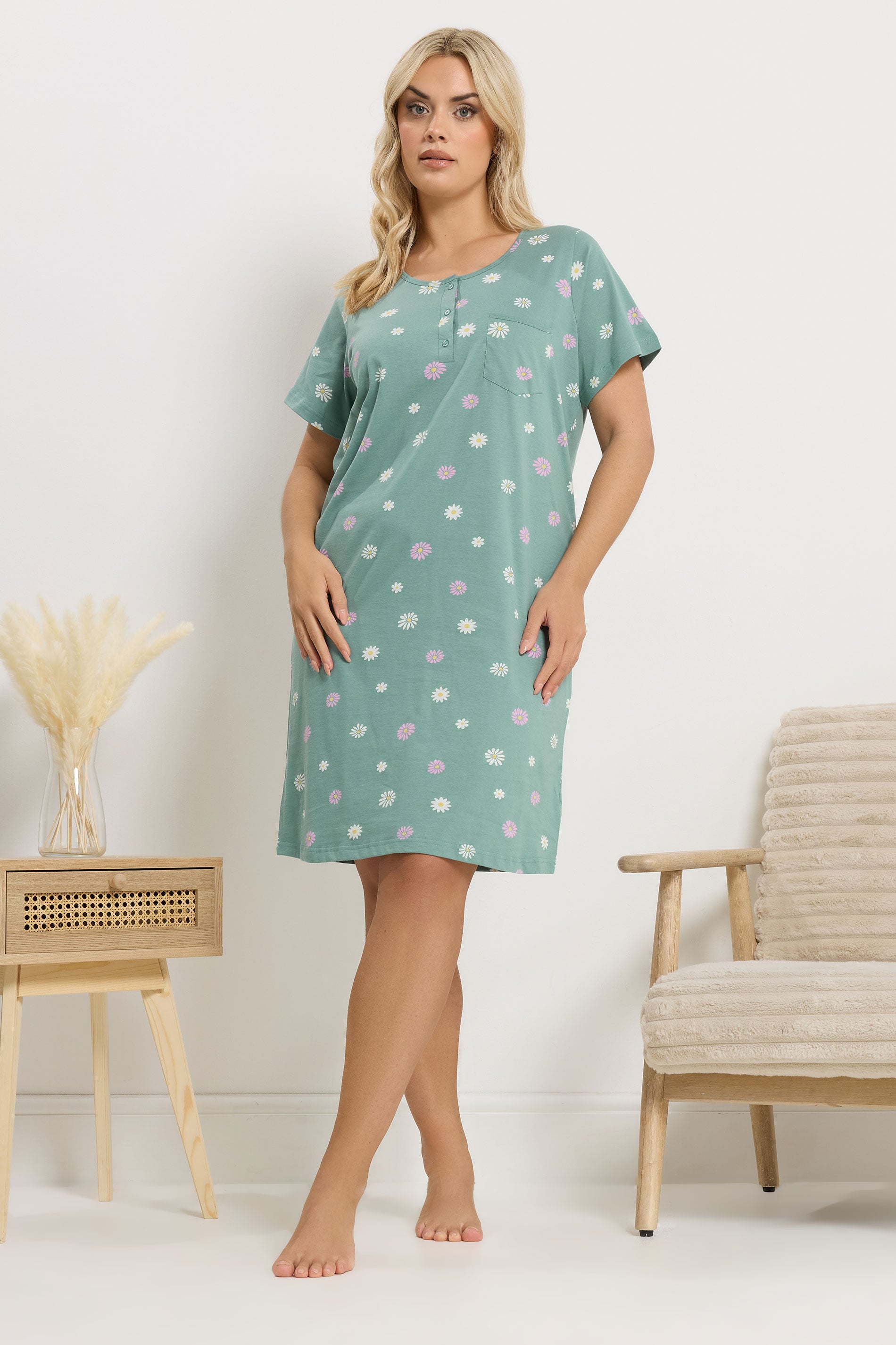 YOURS Plus Size Green Daisy Placket Nightdress | Yours Clothing 1
