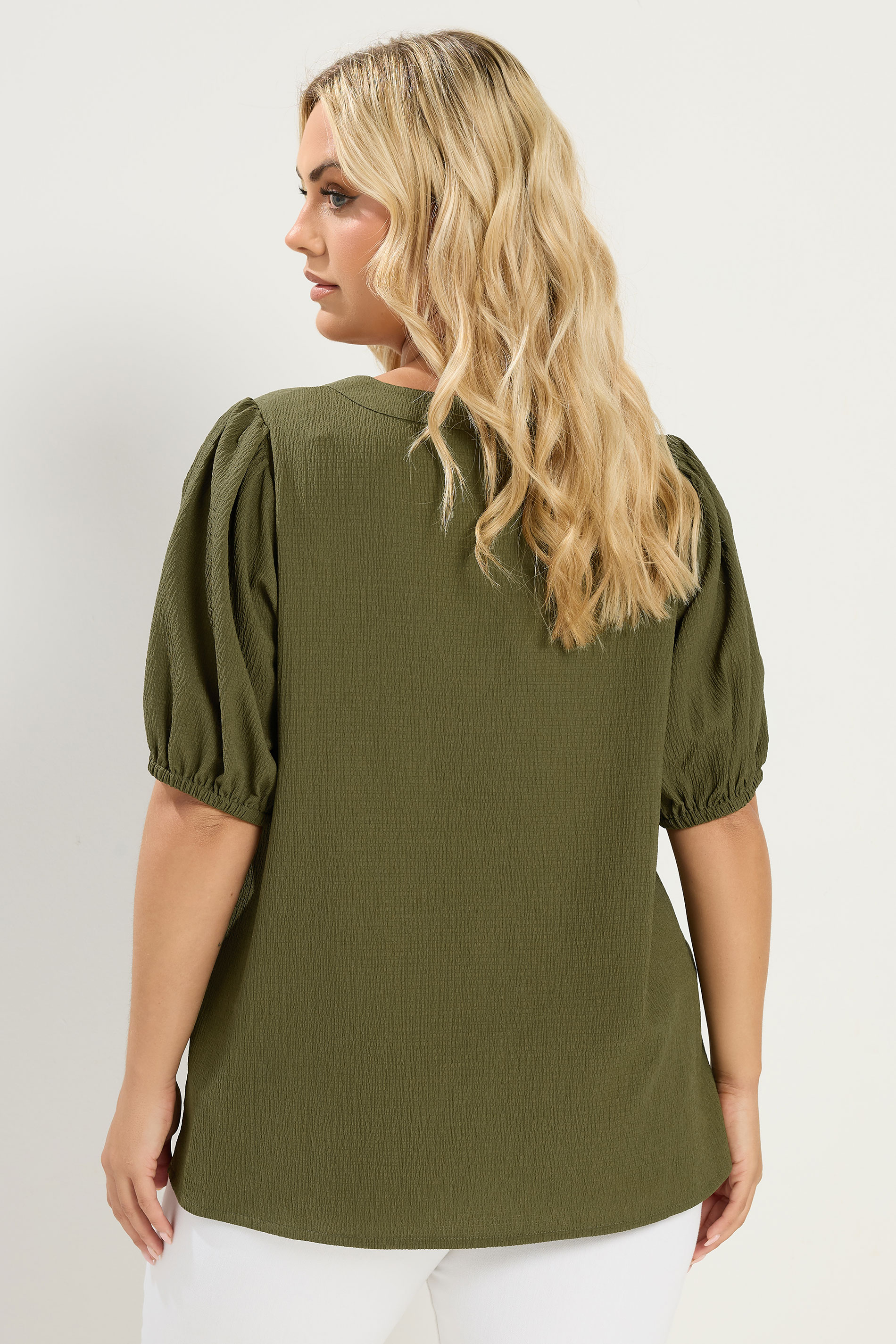 YOURS Plus Size Khaki Green Button Textured Blouse | Yours Clothing 2