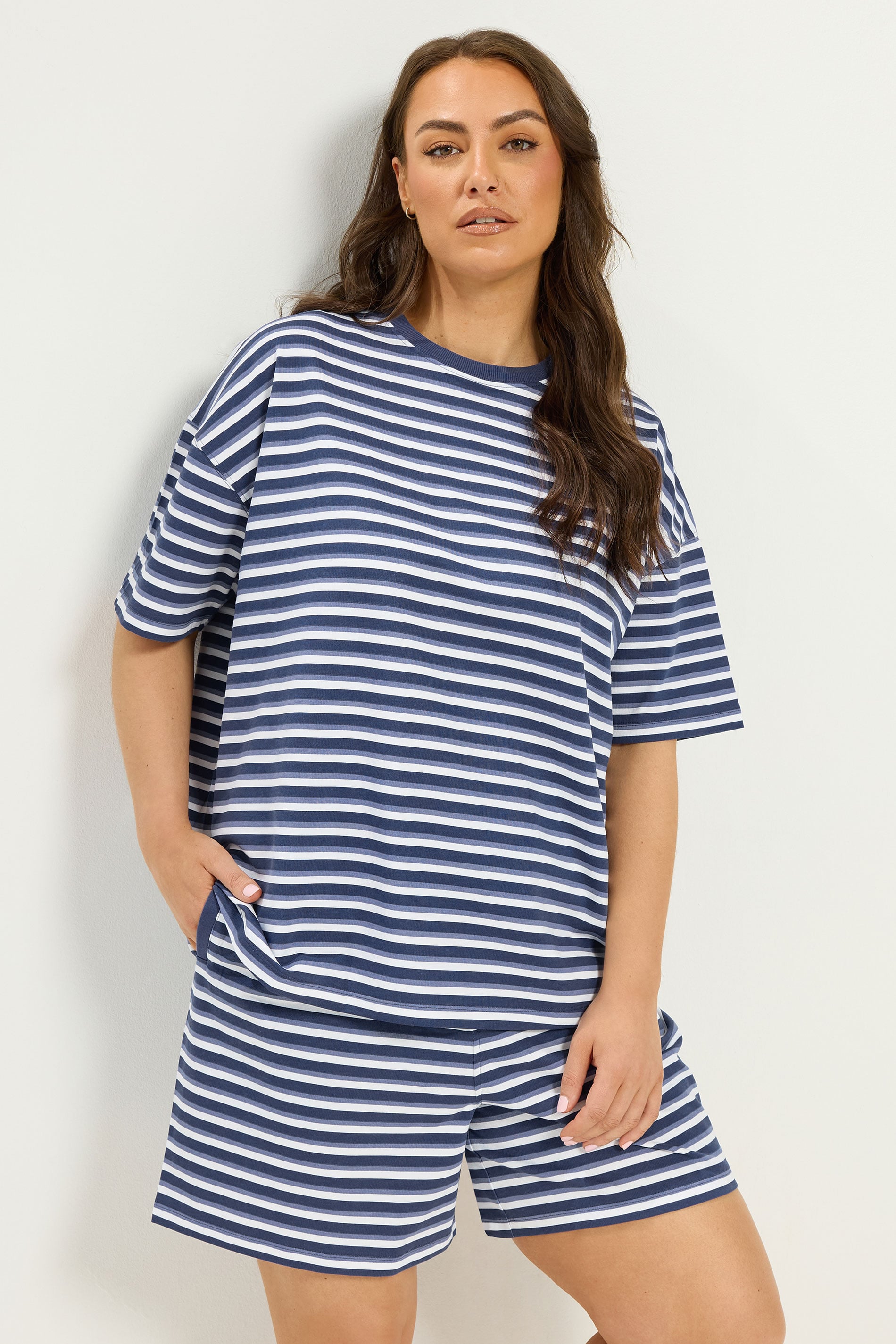 YOURS Plus Size Blue Stripe T-Shirt & Shorts Co-ord | Yours Clothing 3