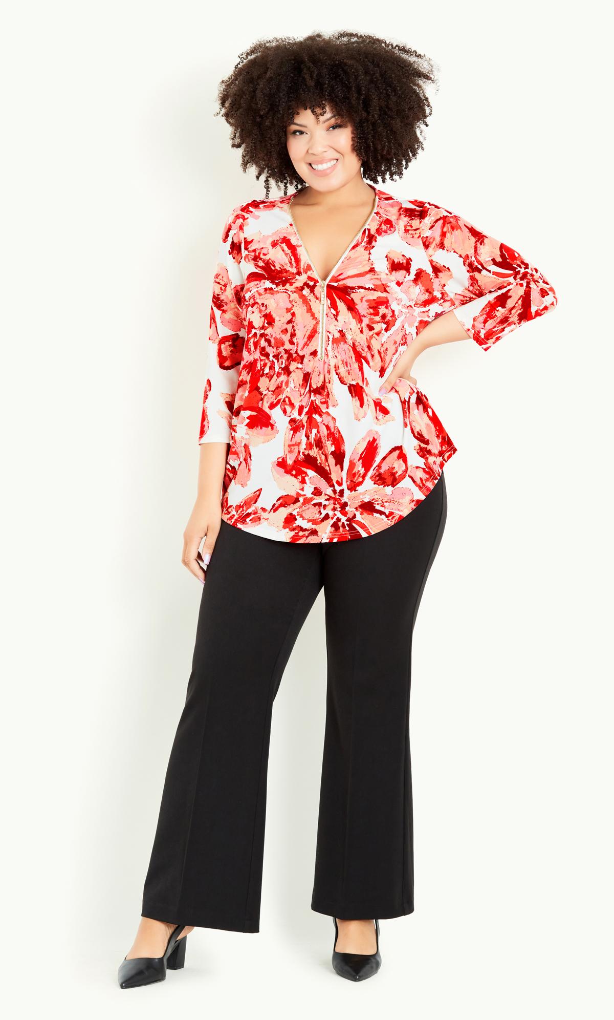 Avenue White & Red Floral Print Zip Neck Top 1