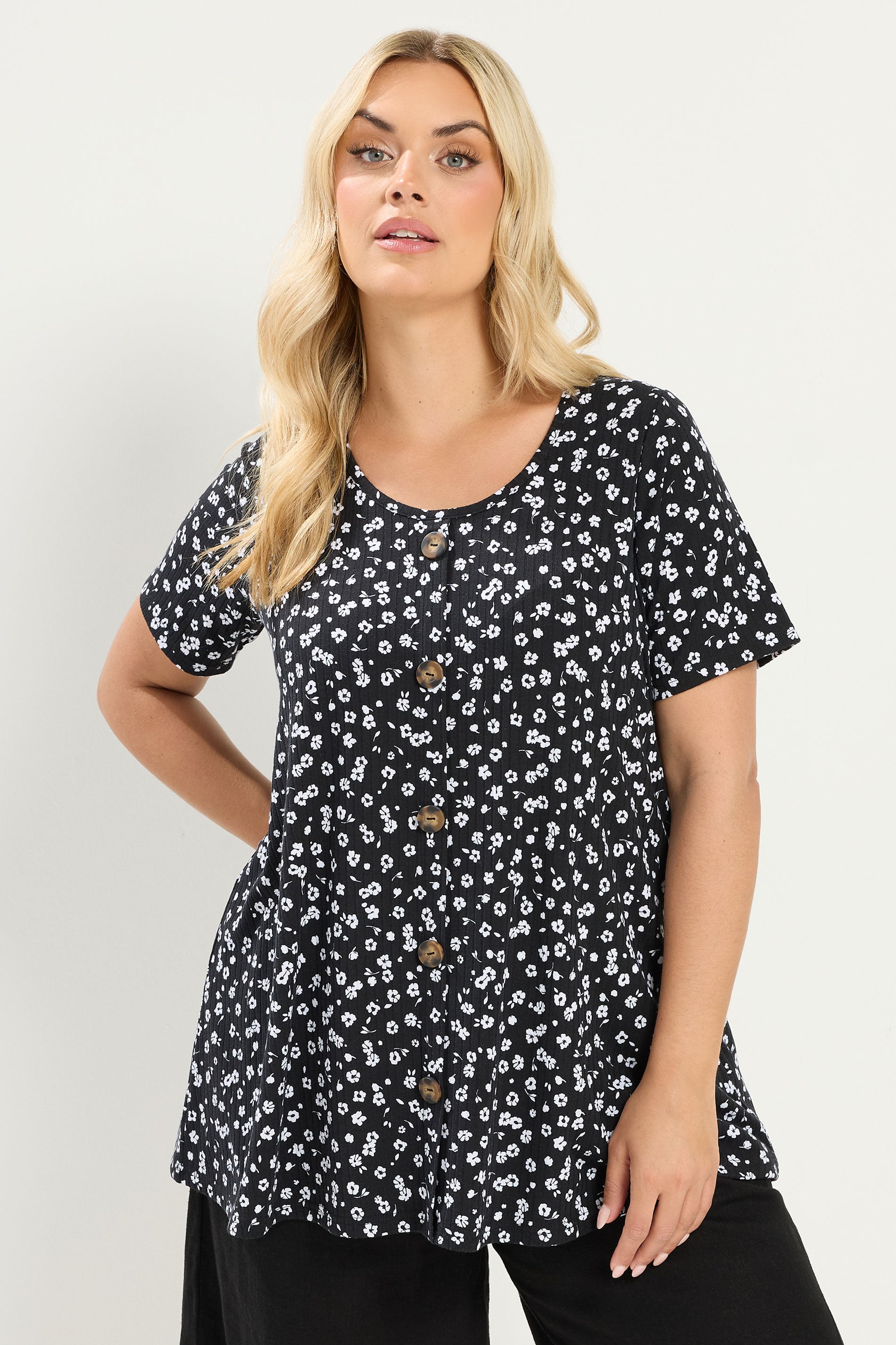 YOURS Plus Size Black & White Ditsy Floral Ribbed T-Shirt | Yours Clothing 3