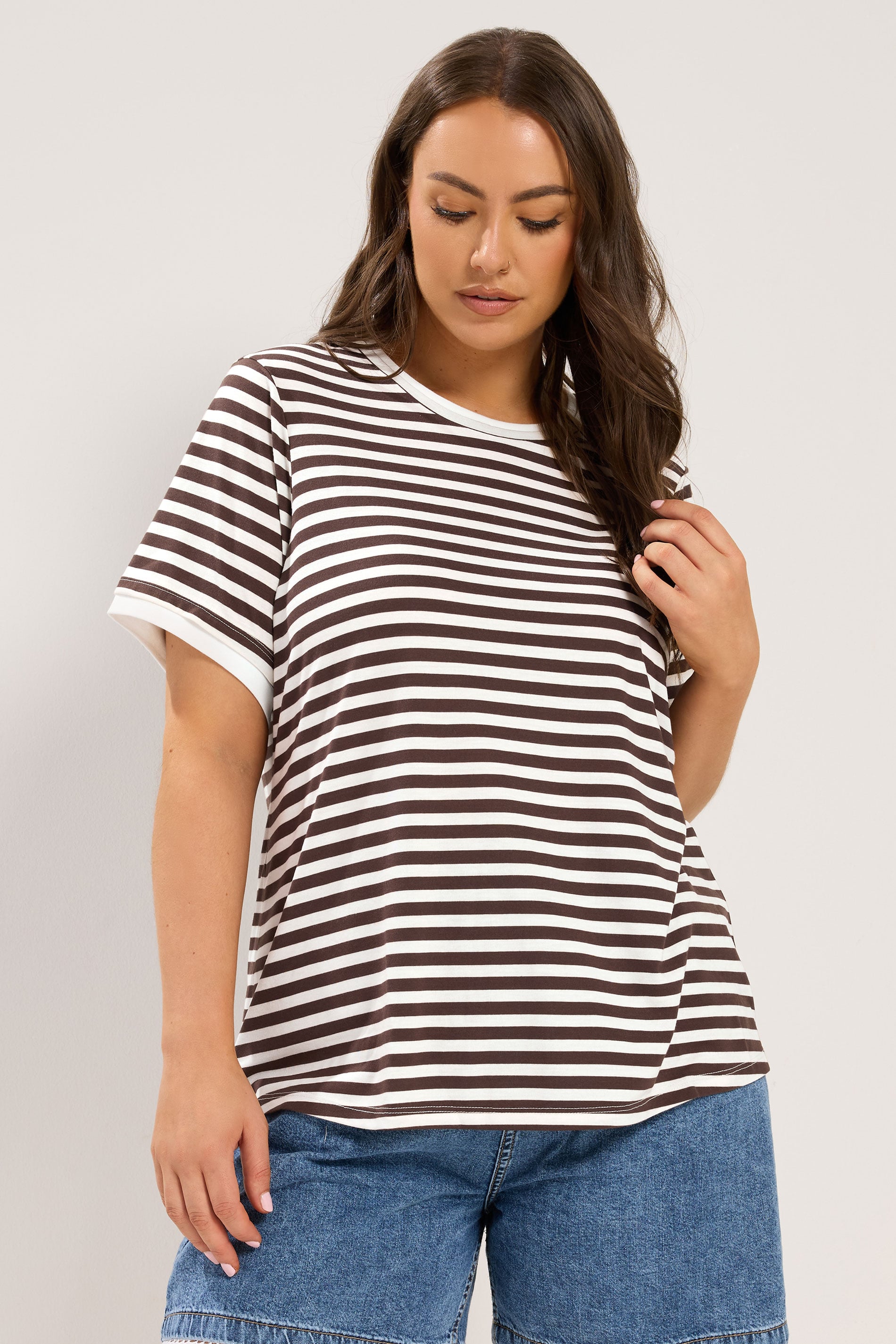 YOURS Plus Size Chocolate Brown Stripe Ringer T-Shirt | Yours Clothing 3