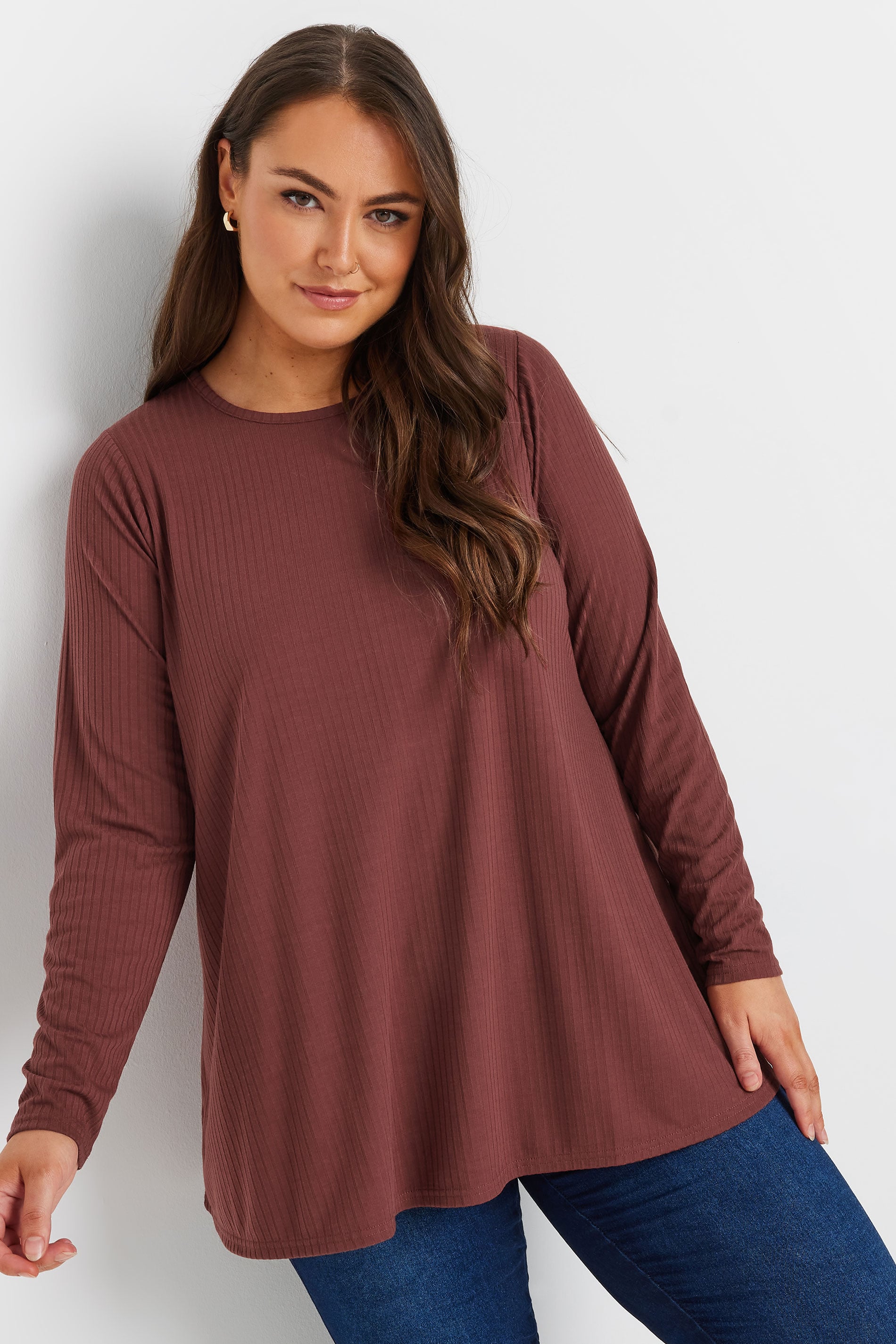 YOURS Plus Size Rust Brown Ribbed Swing T-Shirt | Yours Clothing 3