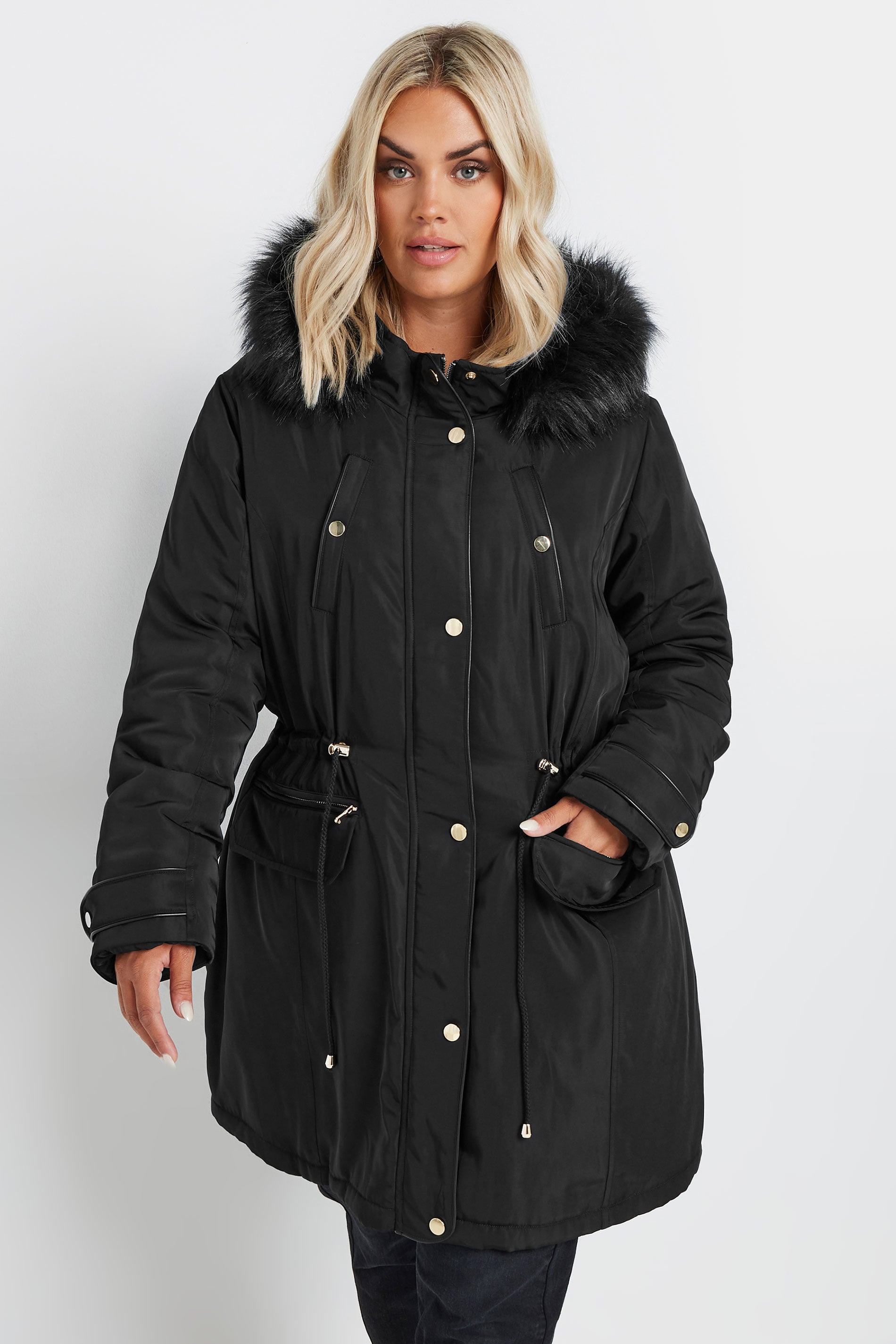 YOURS Plus Size Black Faux Fur Trim Plush Parka Jacket | Yours Clothing 3