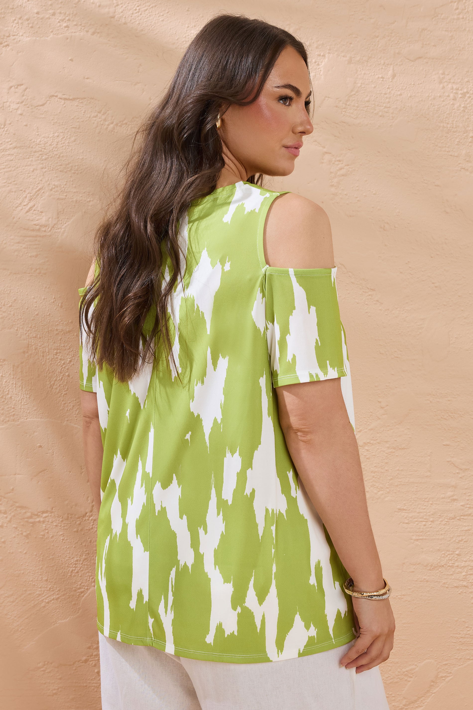 EVANS Plus Size Green Abstract Print Cold Shoulder Top | Evans 2