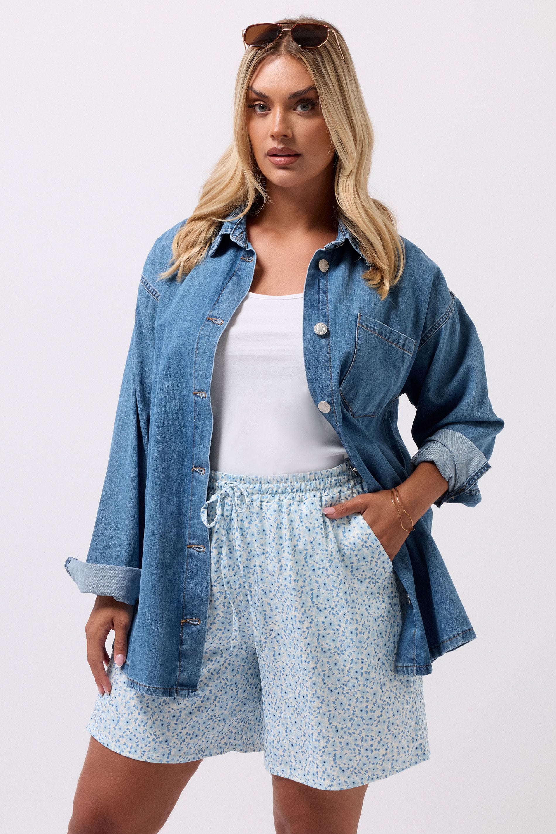 YOURS Plus Size Blue Ditsy Floral Textured Shorts | Yours Clothing 3