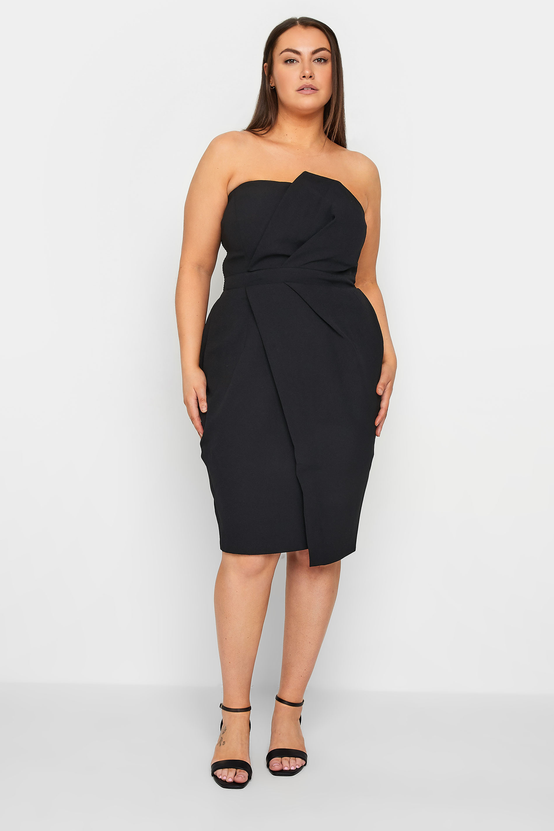 Evans Black Strapless Twisted Front Midi Body Con Dress 1