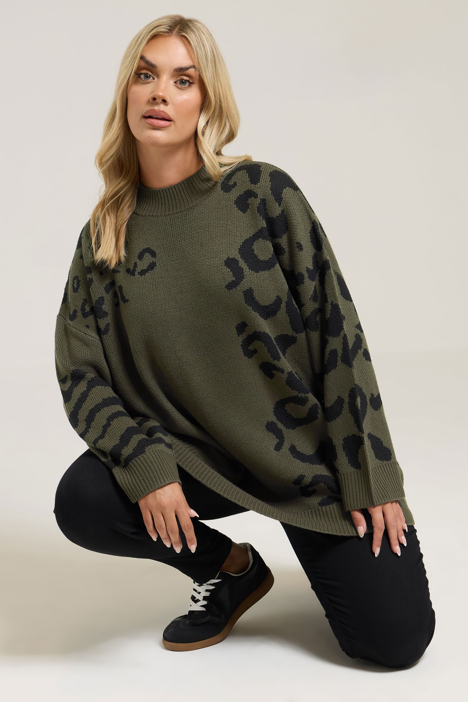 YOURS Plus Size Khaki Green Leopard High Neck Jumper | Yours Clothing 3