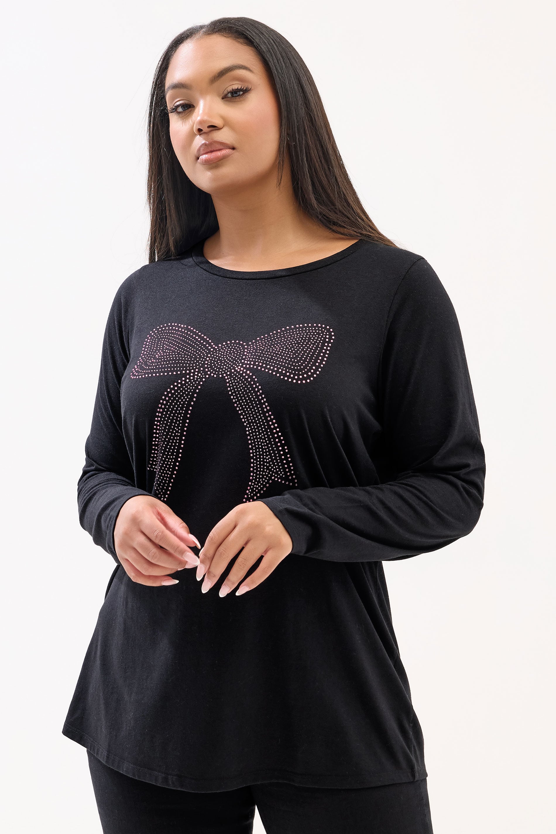 YOURS Plus Size Black Diamante Bow Long Sleeve Top | Yours Clothing 3