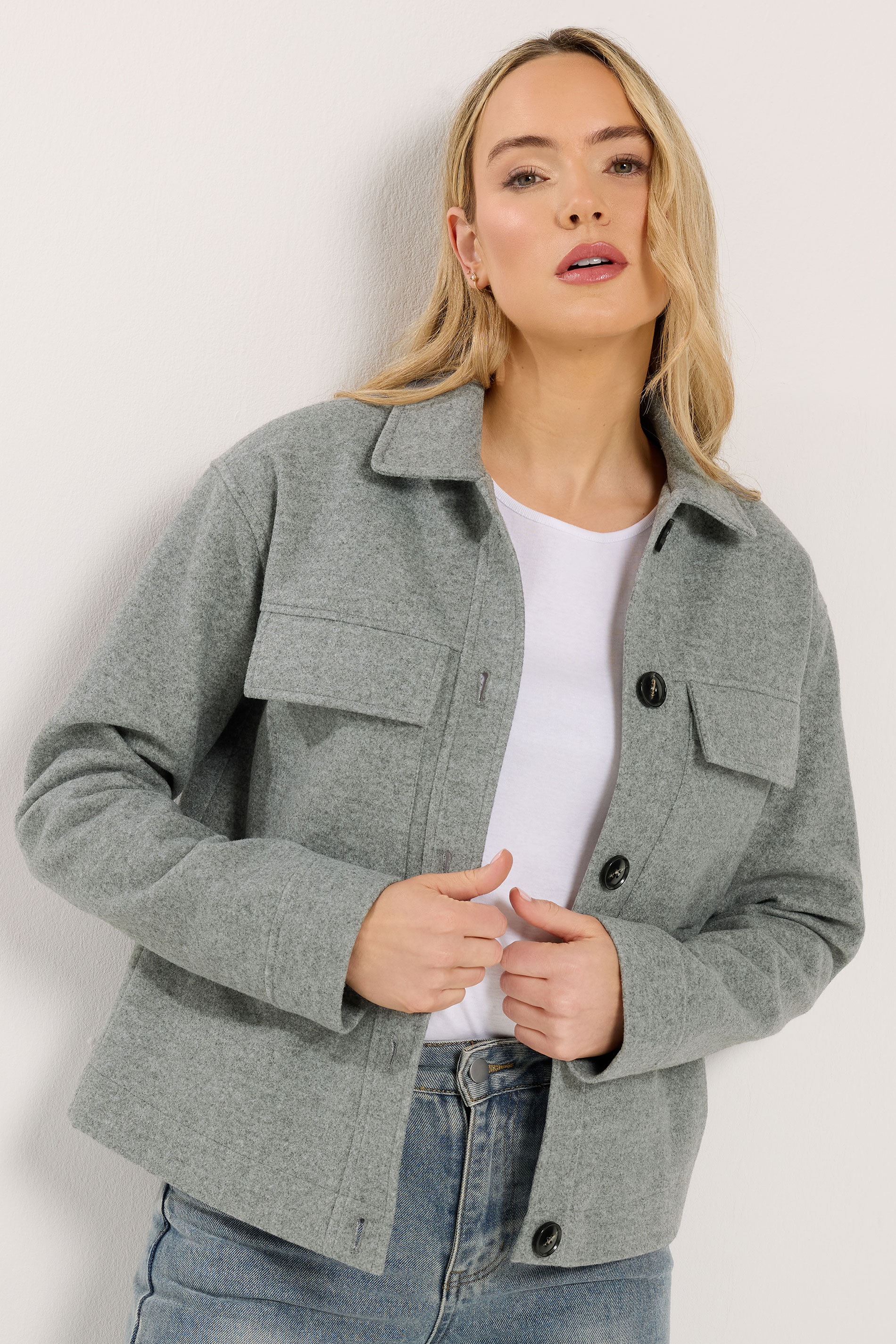 LTS Tall Grey Brushed Button Trucker Jacket | Long Tall Sally 2