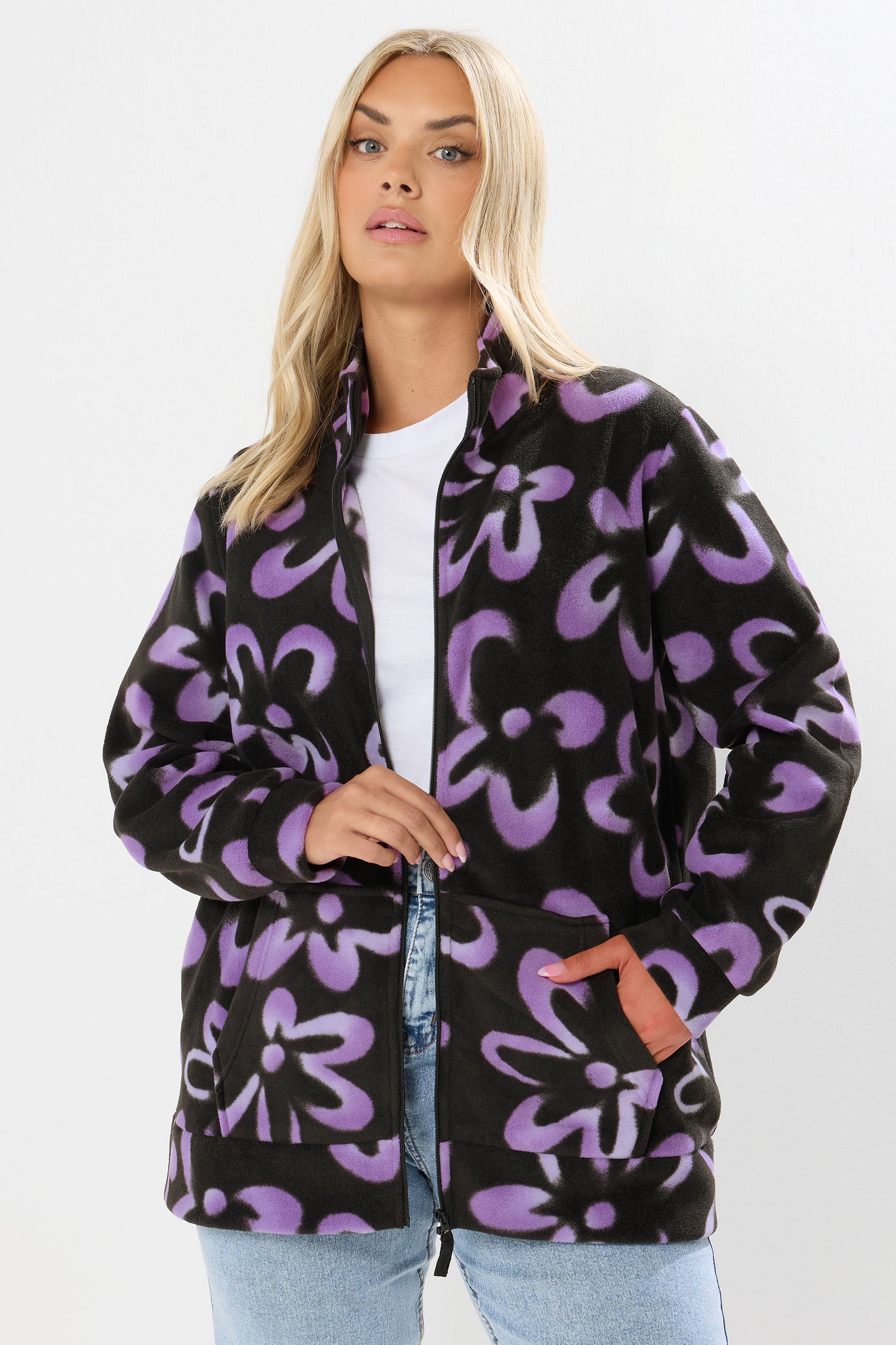 YOURS Plus Size Black Floral Zip Through Fleece Jacket | Yours Clothing 3