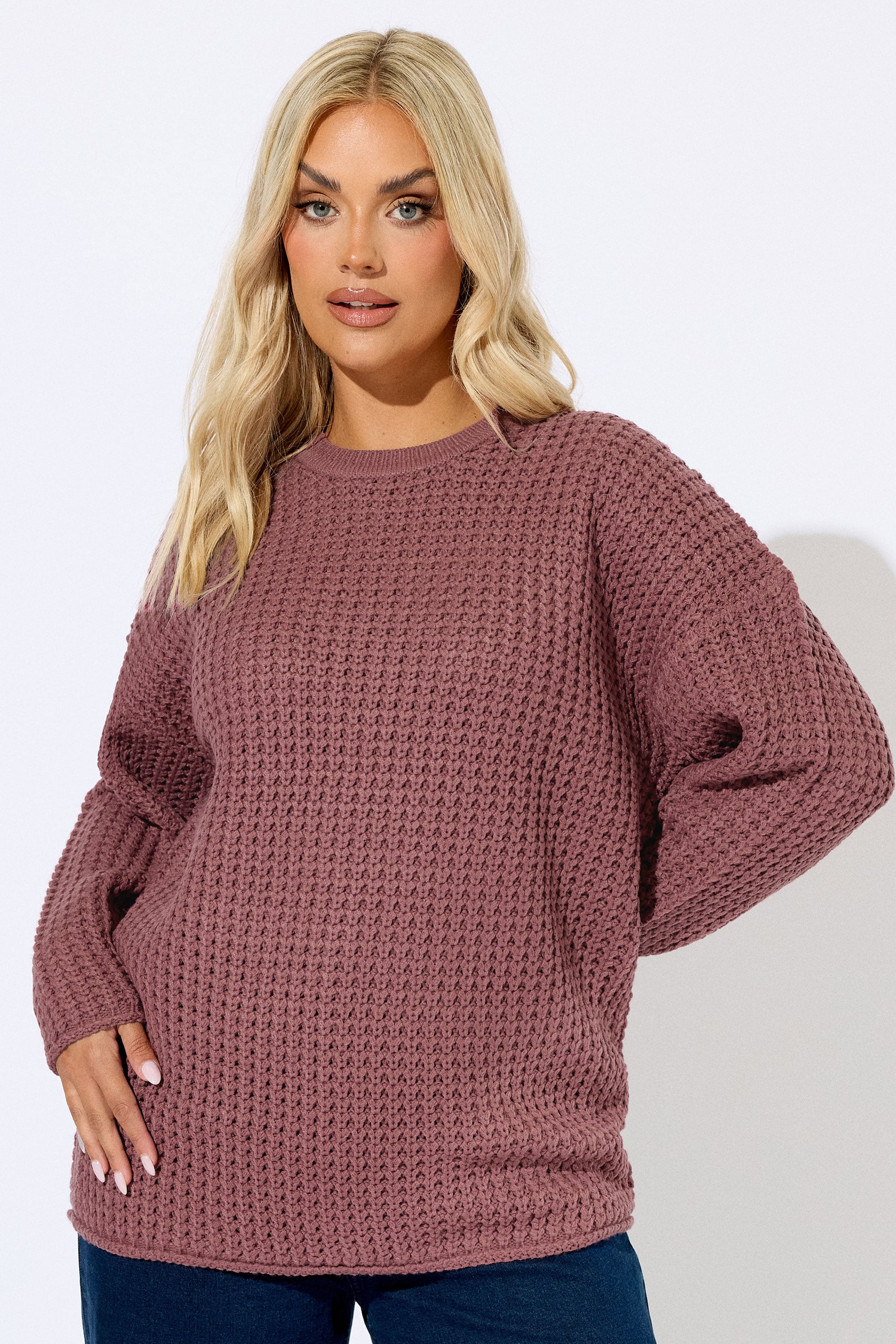YOURS Plus Size Pink Waffle Knit Jumper | Yours Clothing 3
