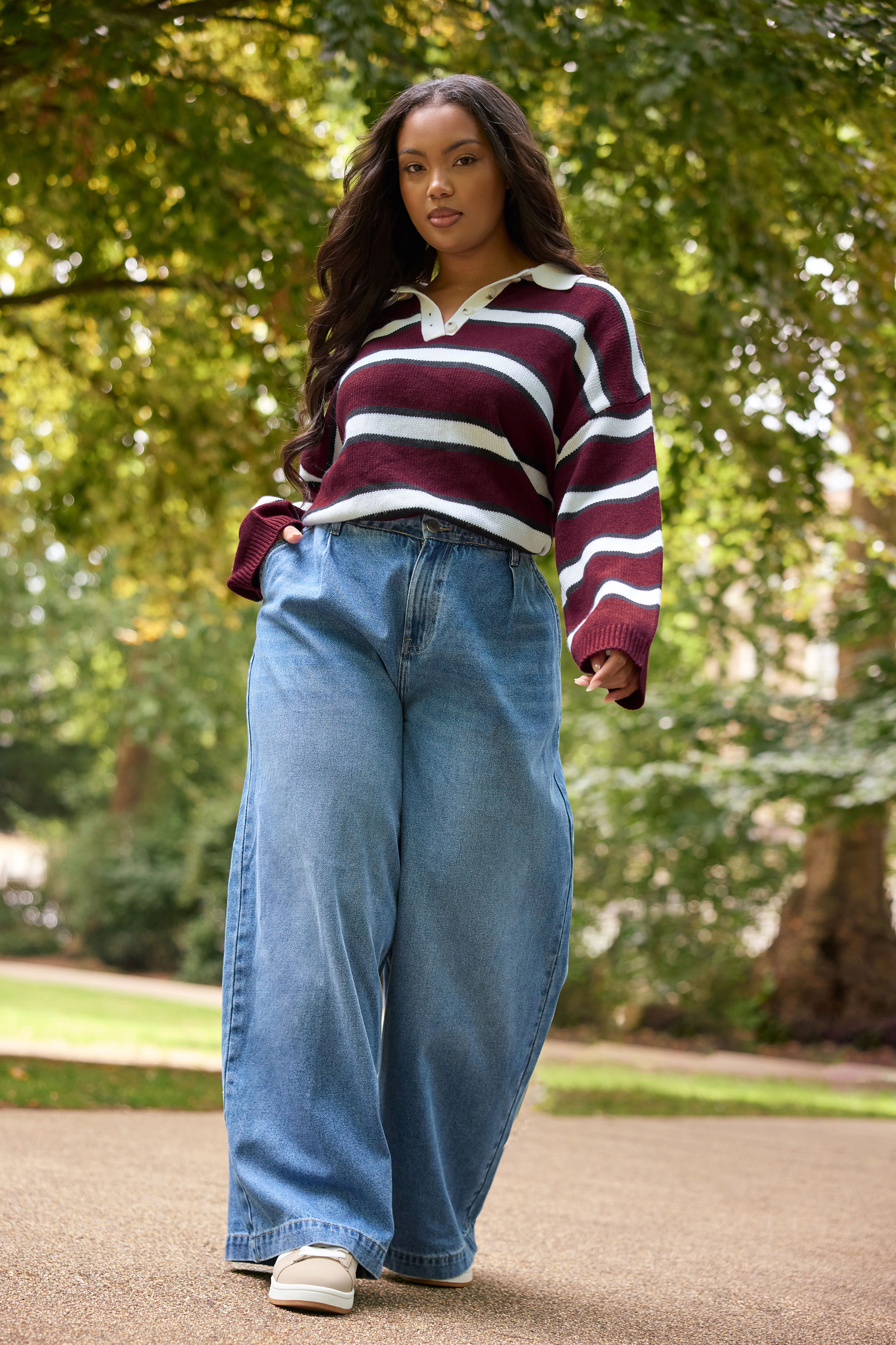 YOURS Plus Size Burgundy Red Striped Rugby Collar Jumper | Yours Clothing 5